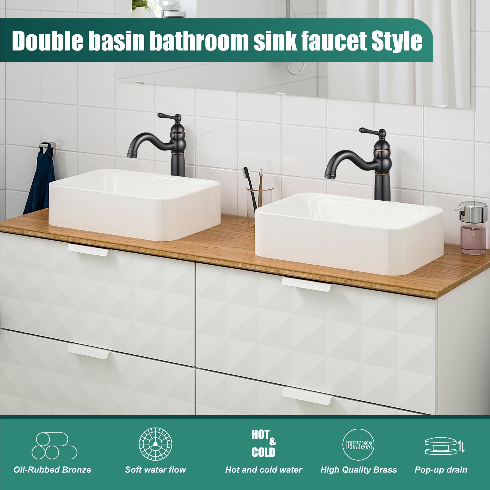 Heyalan Bathroom Vessel Sink Faucet Deck Mount Single Hole One Handle Vintage Lavatory Basin Spout Vanity Tall Mixer Tap Solid Brass Antique Assembly with Pop-up Drain