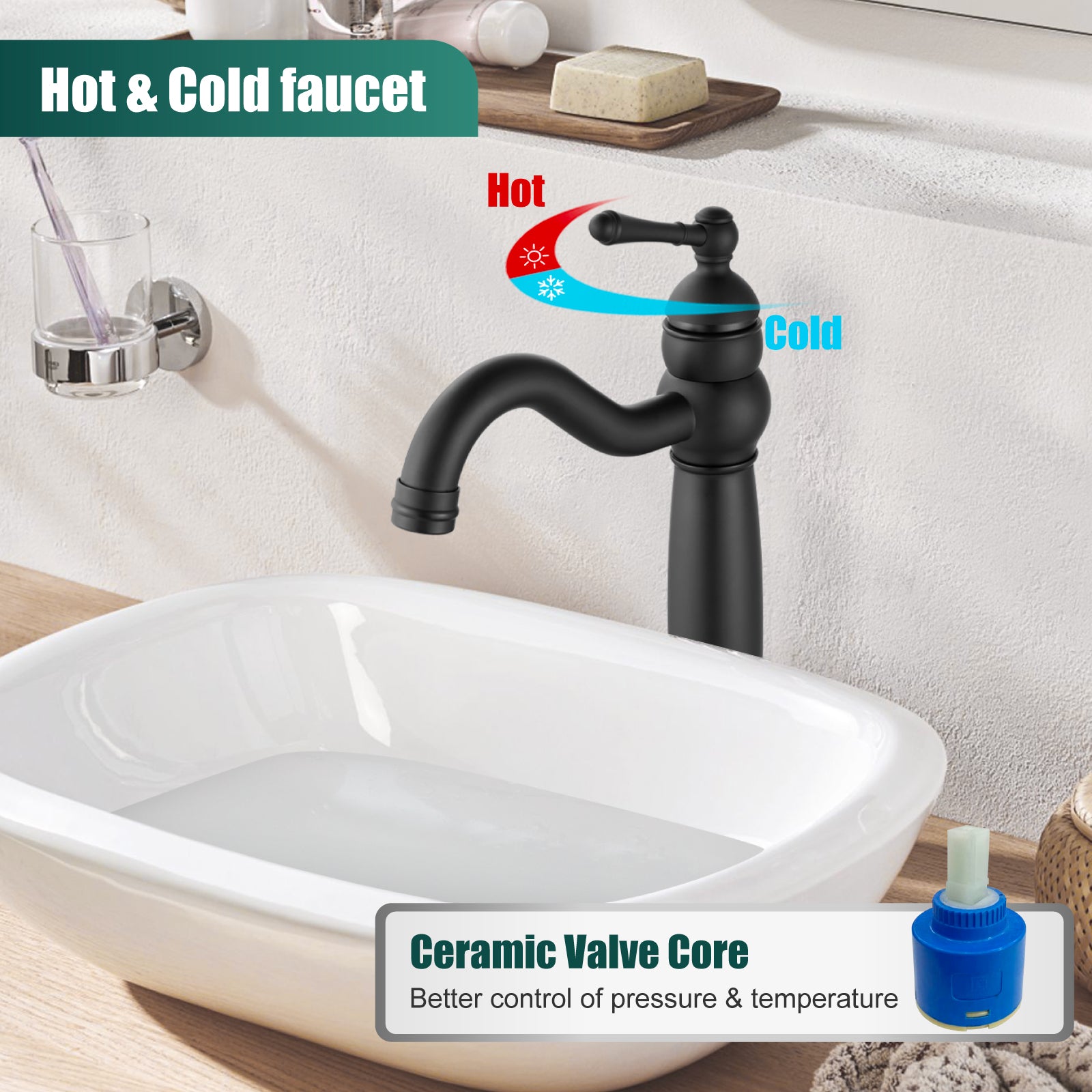 Heyalan Bathroom Vessel Sink Faucet Deck Mount Single Hole One Handle Vintage Lavatory Basin Spout Vanity Tall Mixer Tap Solid Brass Antique Assembly with Pop-up Drain