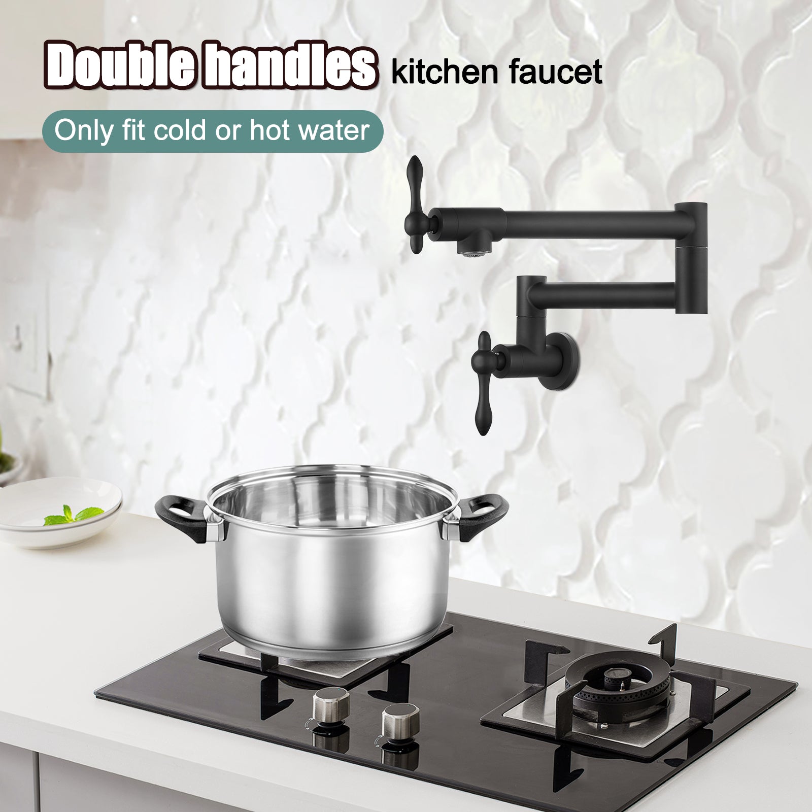 Heyalan Stainless Steel SUS304 19" Pot Filler Faucet Double Joint Spout Stretchable Swing Arm with Single Hole Two Handles Wall Mounted Commercial Kitchen Sink Faucet