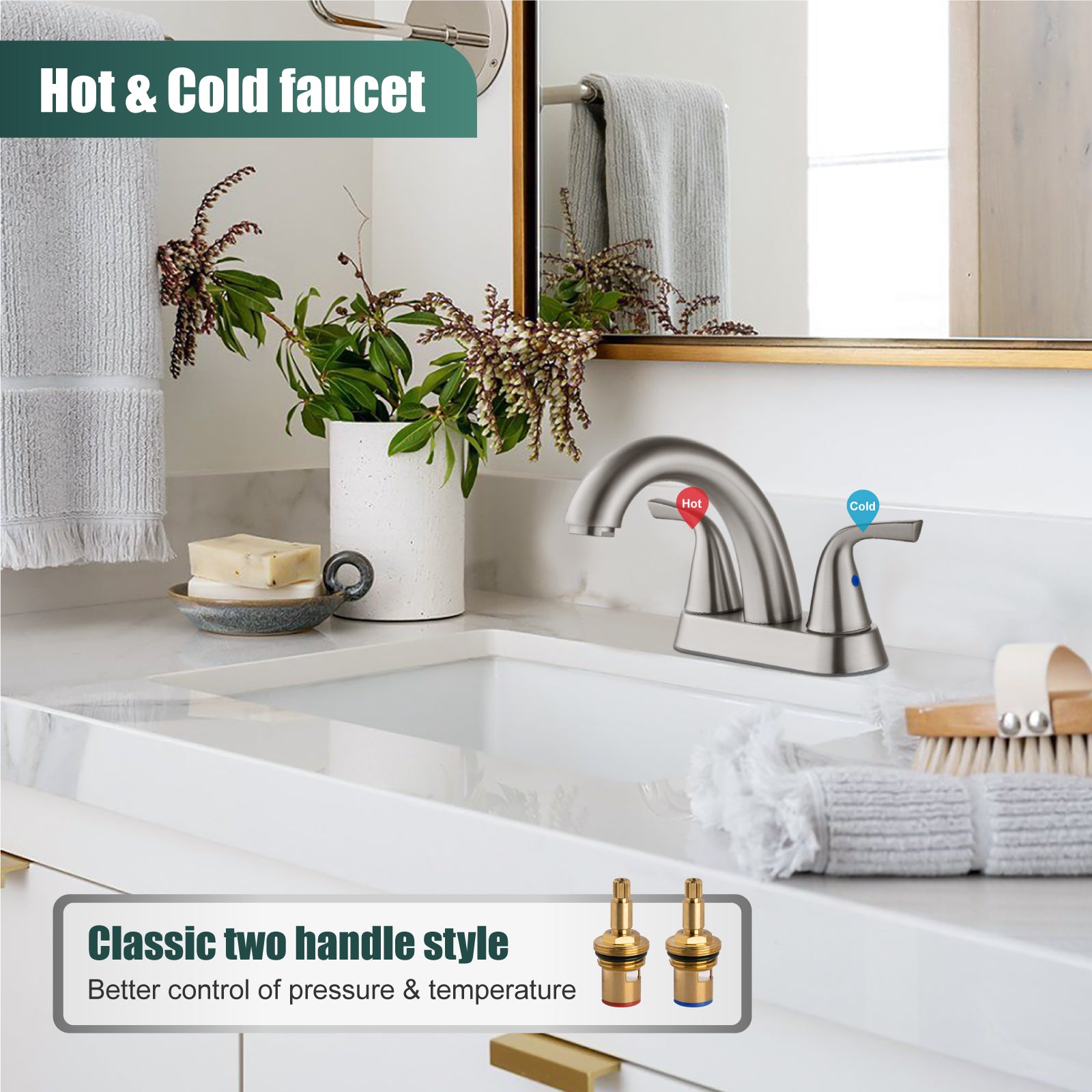 Heyalan Swivel Spout 2 Handle Lever Lavatory Bathroom Vessel Sink Faucet 4-Inch Centerset Deck Mount Mixer Tap with Pop-up Drain and Faucet Supply Lines