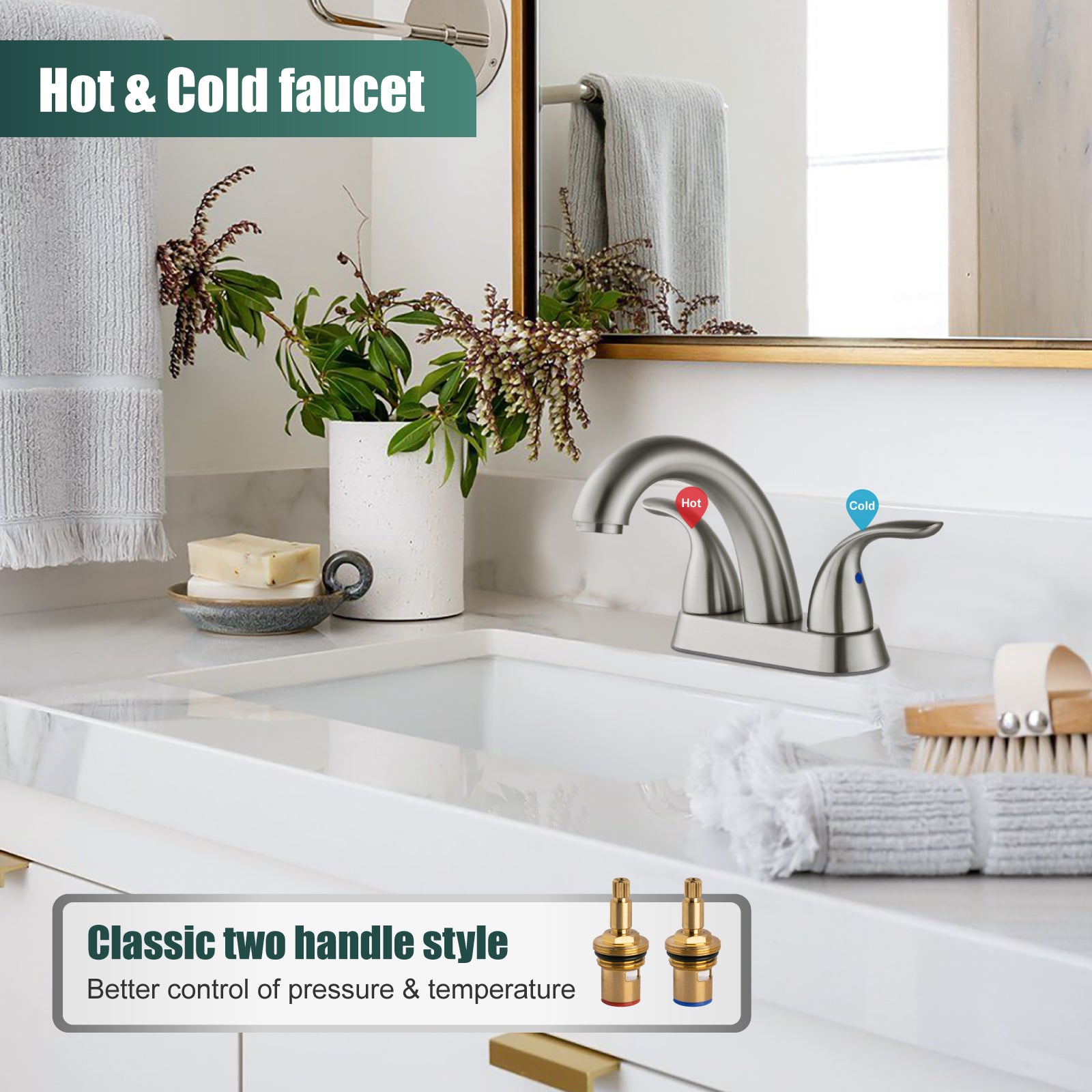 Heyalan Swivel Spout 2 Handle Lever Lavatory Bathroom Vessel Sink Faucet 4-Inch Centerset Deck Mount Mixer Tap with Pop-up Drain Stainless Steel