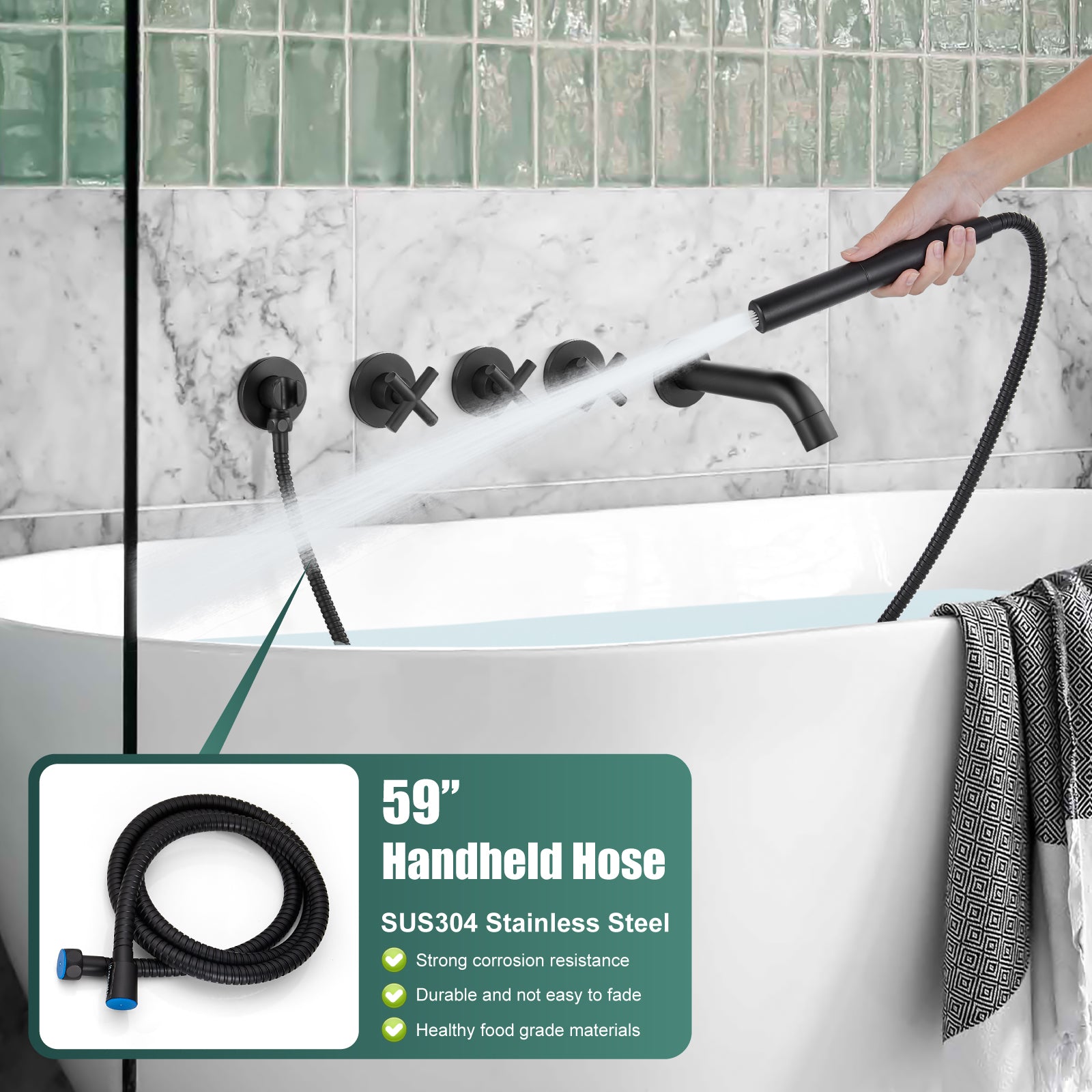 Heyalan Wall Mounted Bathroom Tub Filler Faucet with Handheld Shower Head High Flow Bathtub Spout with 3 Knobs Shower Trim kit Hand Held Sprayer 2 Function Roman Bath Fixtures