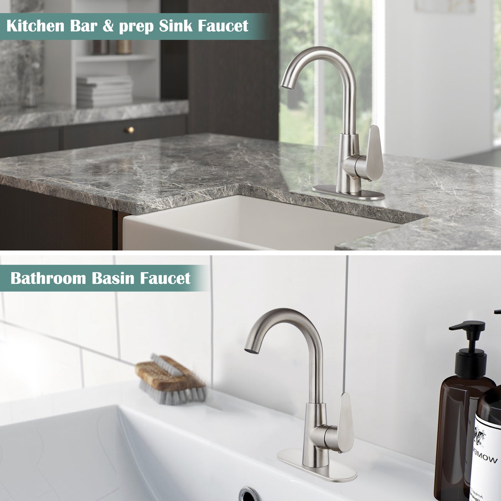 Heyalan Bathroom Sink Faucet Brushed Nickel Cold and Hot Water Single Hole Kitchen Bar Tap 360 Degree Swivel Spout Deck Mount Arc SUS304 Stainless Steel Gooseneck with Deck Plate and Drain