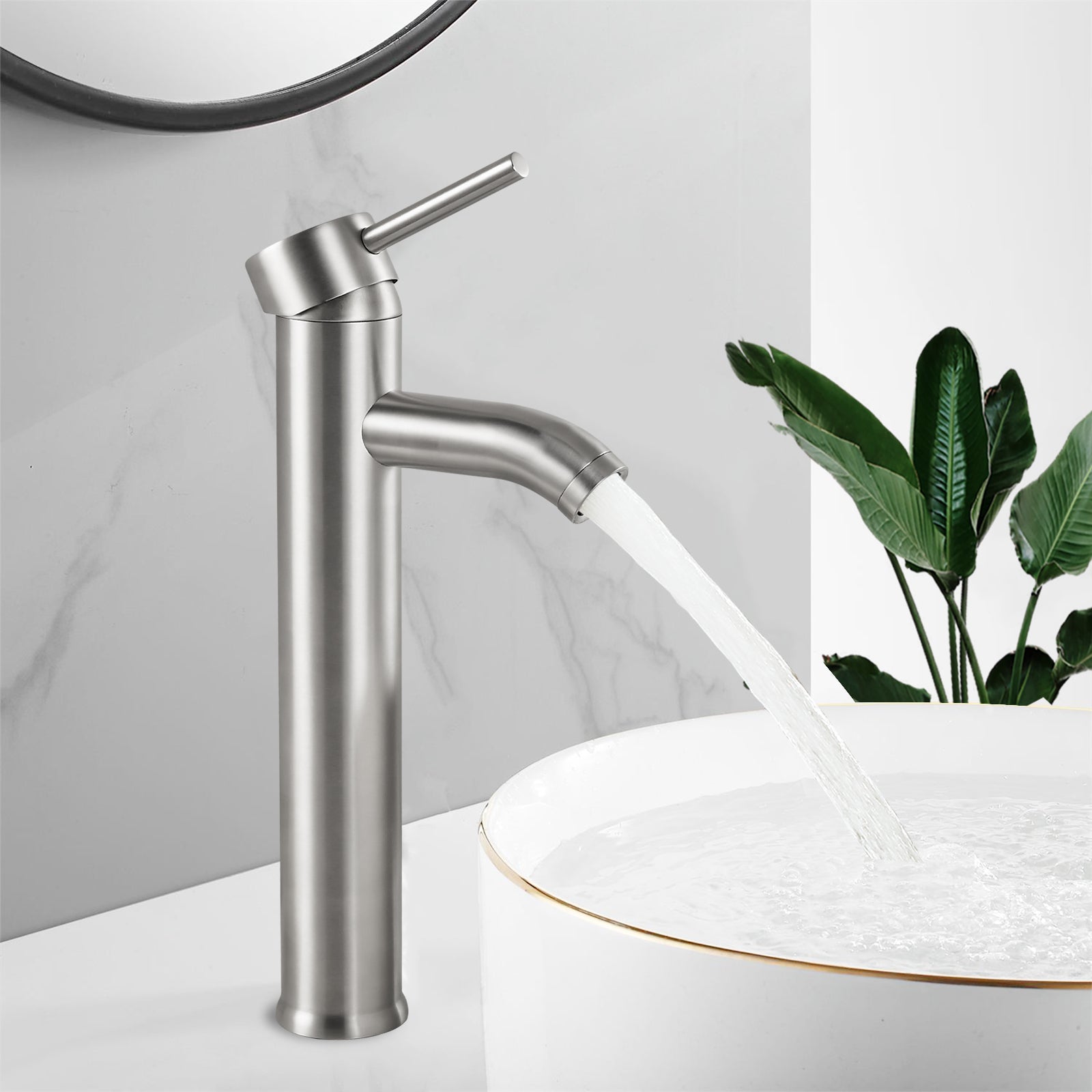 Heyalan Bathroom Faucet Vessel Sink Deck Mount SUS304 Stainless Steel Bowl Basin One Hole Single Handle Tall Spout Mixer Tap with Pop Up Drain