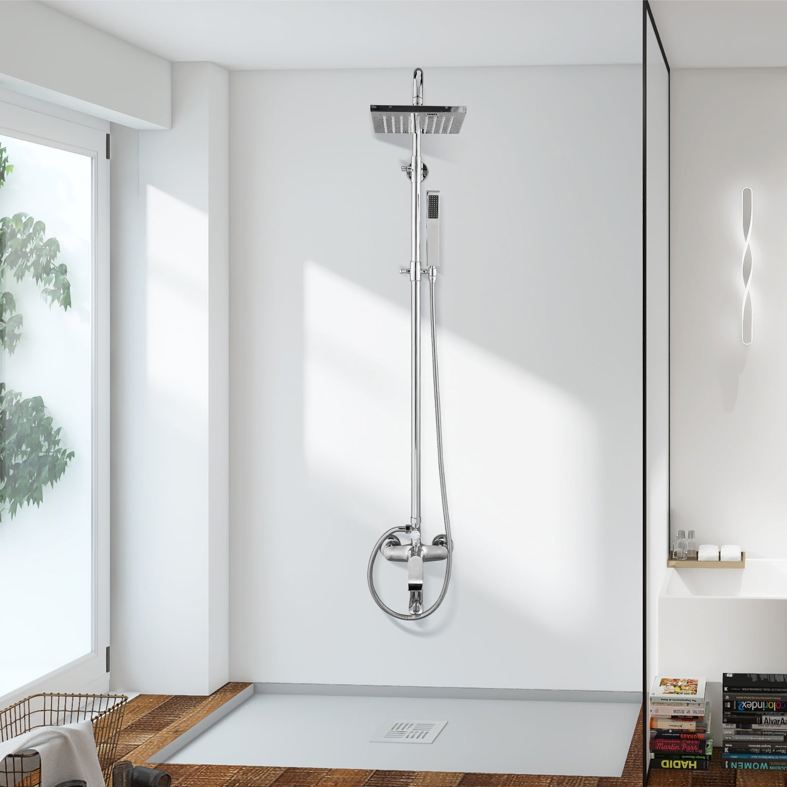 Exposed Shower System 3 Functional Bathroom Shower Faucet Set 8 Inch Square Rainfall Shower Head Wall Mounted Exposed Chrome Shower Faucet Set 8 Rain Exposed Pipe Shower