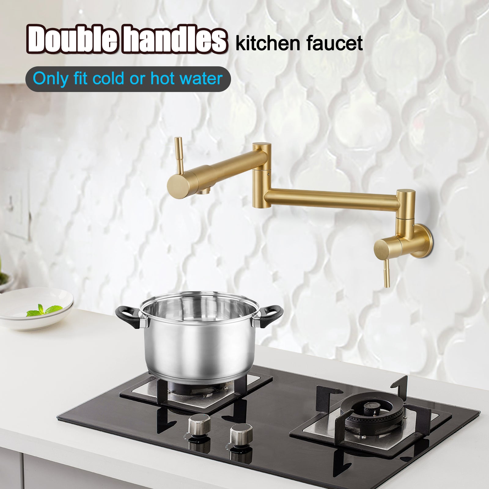 Heyalan Pot Filler 19 Inch Wall Mount Folding Stretchable Kitchen Restaurant Sink Faucet Stainless Steel Potfiller with Double Joint Swing Arm Single Hole Two Handles Commercial NPT