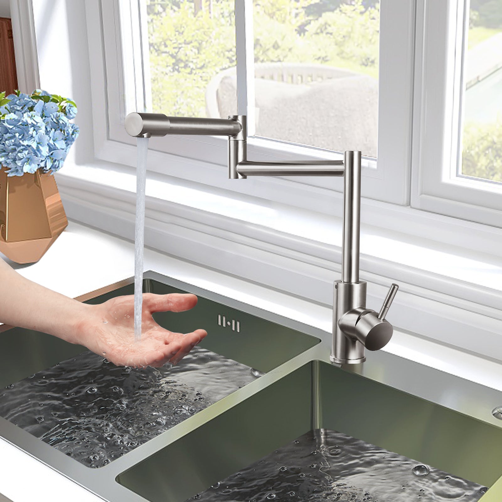 Heyalan  Pot Filler Faucet Deck Mounted Single Handle Double Joints Free Rotating Modern Deck Mounted Countertop Retractable Commercial Kitchen Sink Faucet Stainless Steel