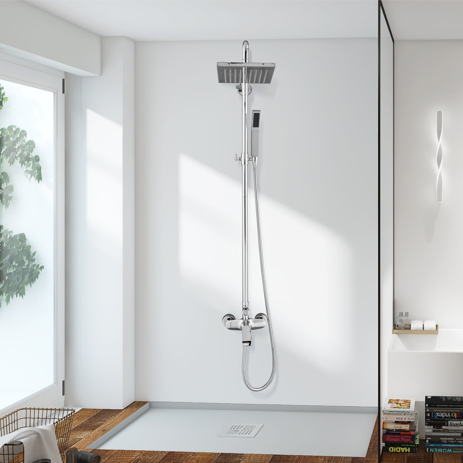 Exposed Shower System Dual Function Bathroom Shower Faucet 8 Inch Square Swivel Rainfall Shower Head with Handheld Adjustable Complete Set Wall Mount