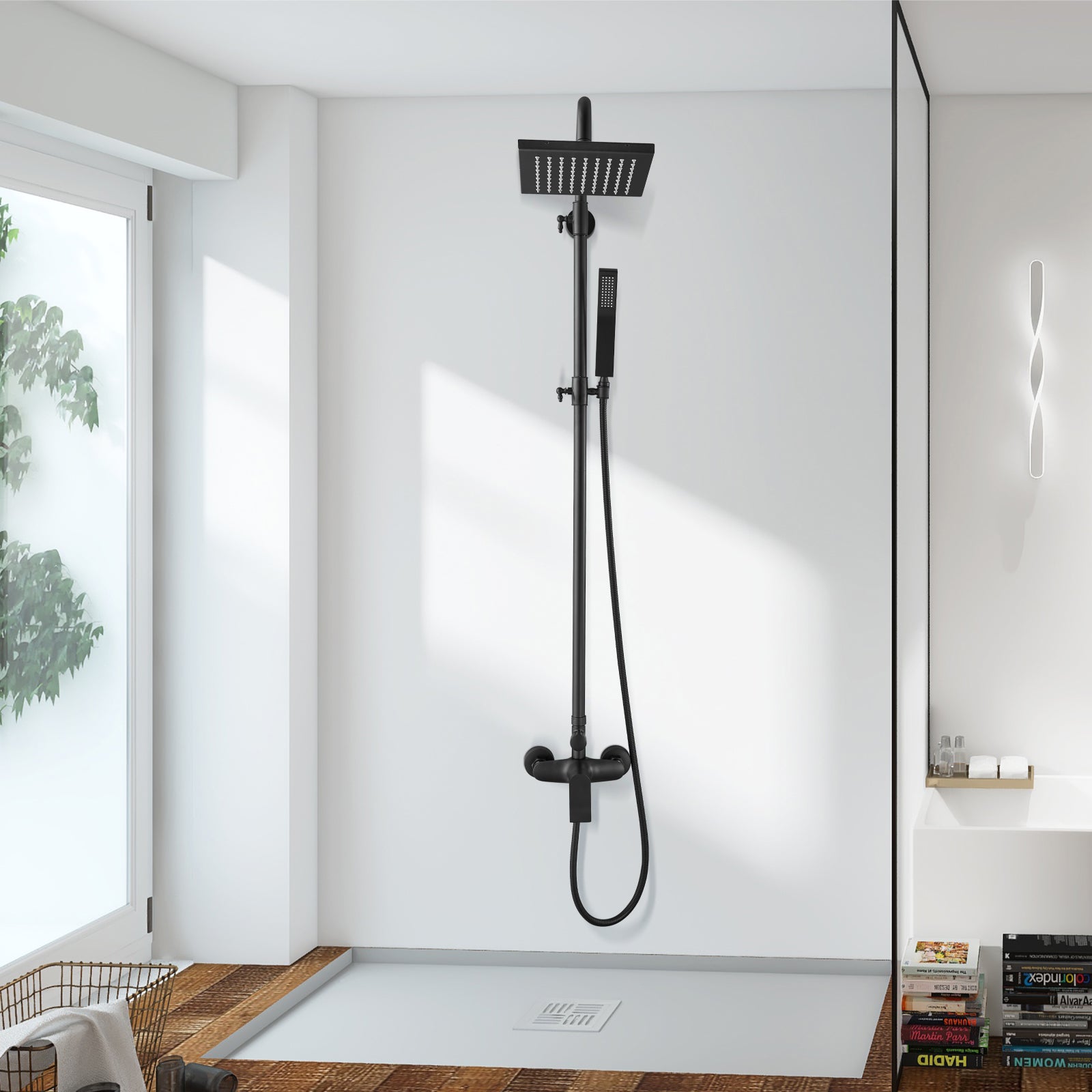Exposed Shower System Dual Function Bathroom Shower Faucet 8 Inch Square Swivel Rainfall Shower Head with Handheld Adjustable Complete Set Wall Mount