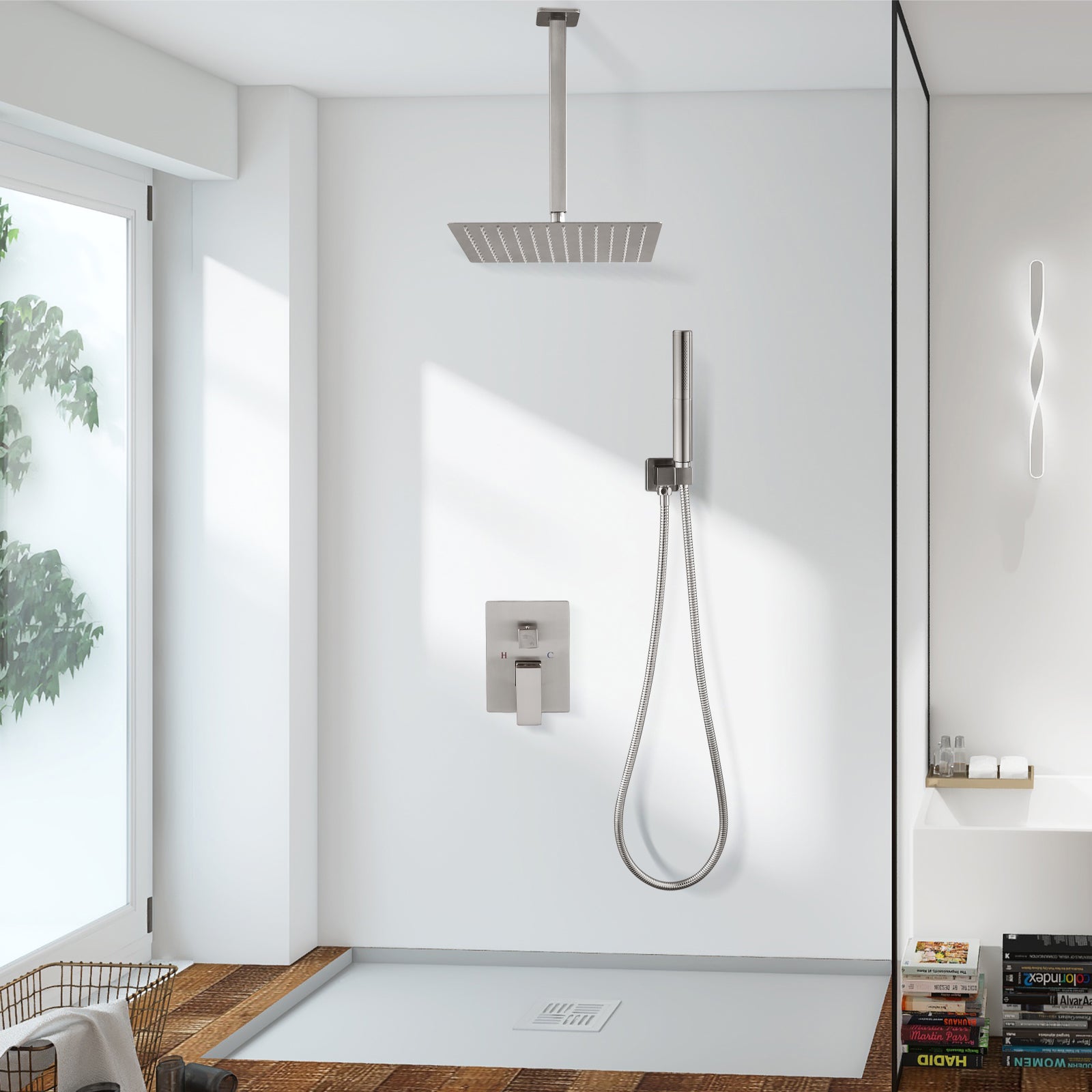 Heyalan Shower Faucet Set Ceiling Mount Square Showerhead Bathroom Rainfall Shower System SUS304 Stainless Steel Shower Trim Kit 2 in 1 Handheld shower with Rough-in Valve