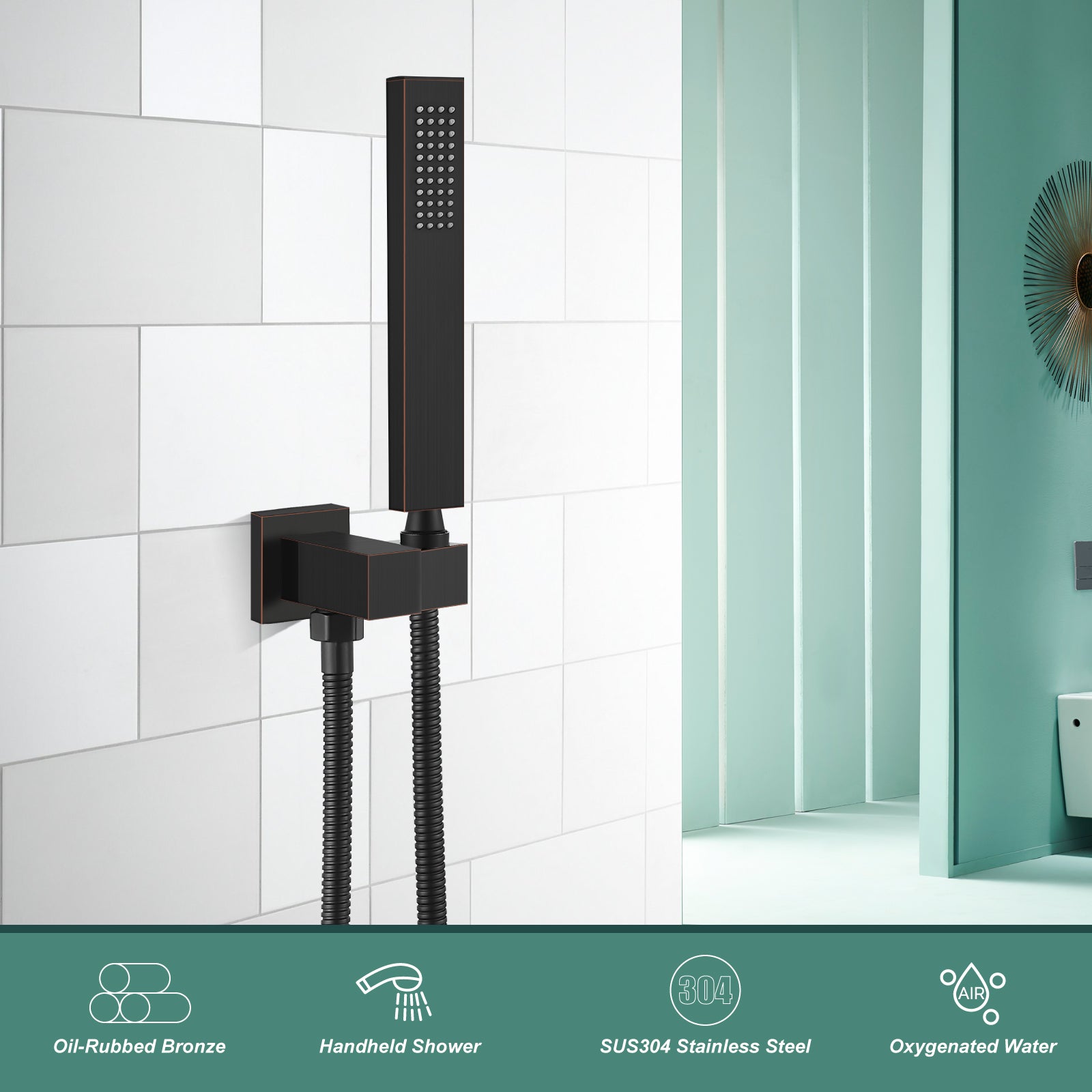 Heyalan Shower Wand SUS304 Stainless Steel Handheld Single Function Handheld Shower High Pressure Luxury Hand Shower Set High Flow Rectangle Straight Hand Shower Spray with Holder