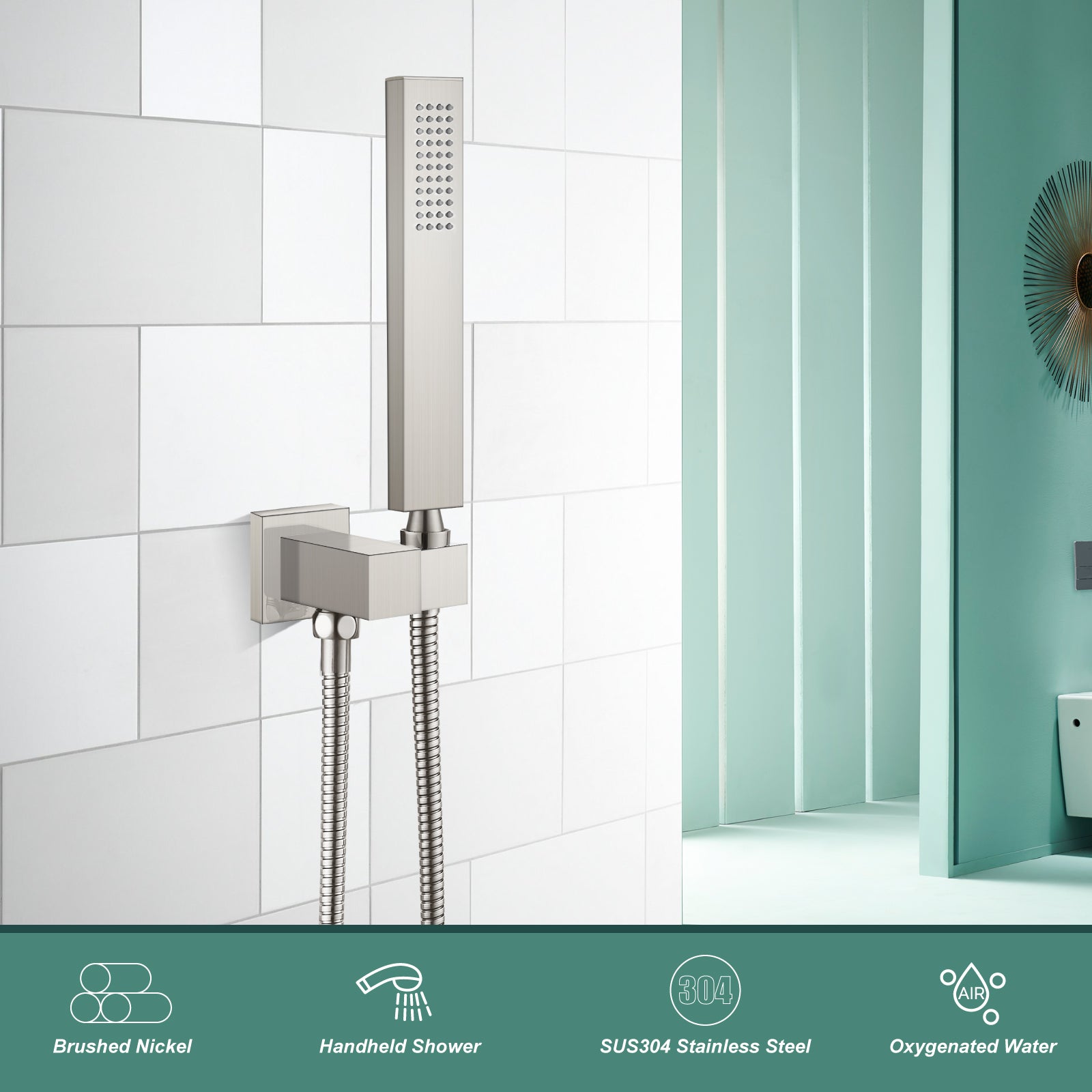 Heyalan Shower Wand SUS304 Stainless Steel Handheld Single Function Handheld Shower High Pressure Luxury Hand Shower Set High Flow Rectangle Straight Hand Shower Spray with Holder