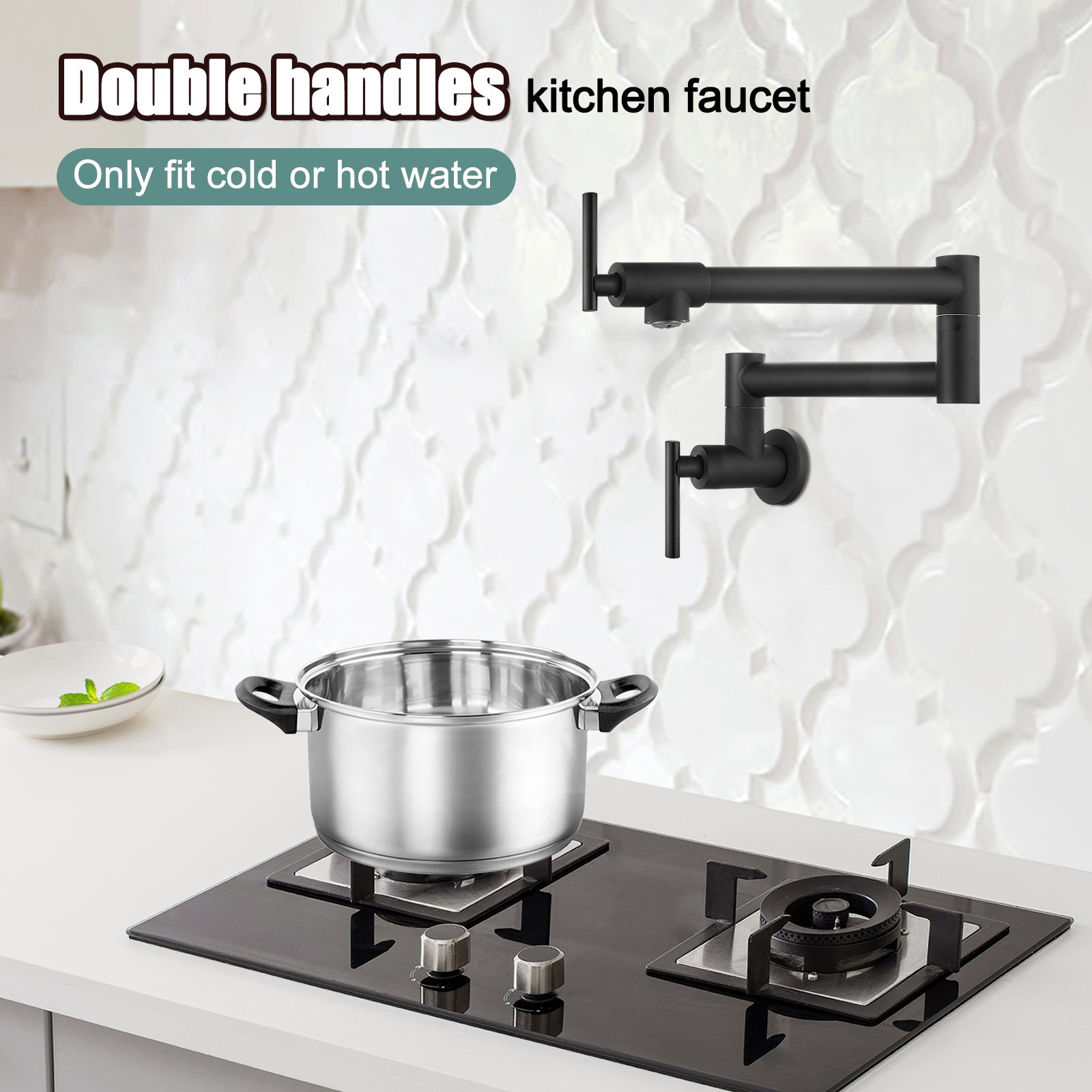 Heyalan 19" Stainless Steel SUS304 Pot Filler Faucet Wall Mounted Double Joint Swing Folding Arms with Two Handles Single Hole Commercial Kitchen Sink Faucet to Control Water Stovetop