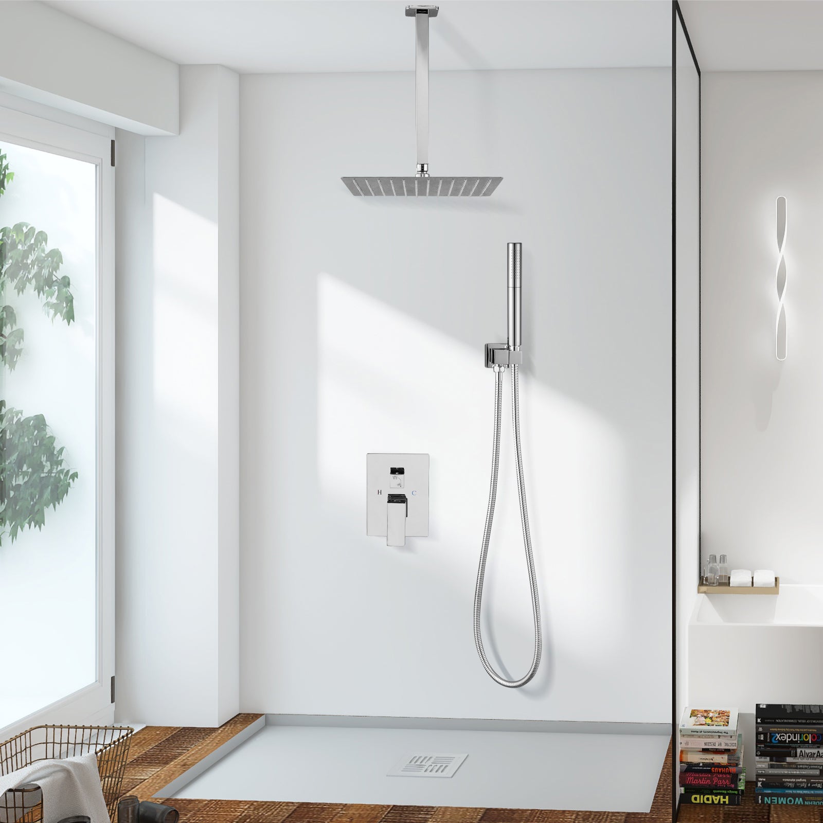 Heyalan Shower Faucet Set Ceiling Mount Square Showerhead Bathroom Rainfall Shower System SUS304 Stainless Steel Shower Trim Kit 2 in 1 Handheld shower with Rough-in Valve