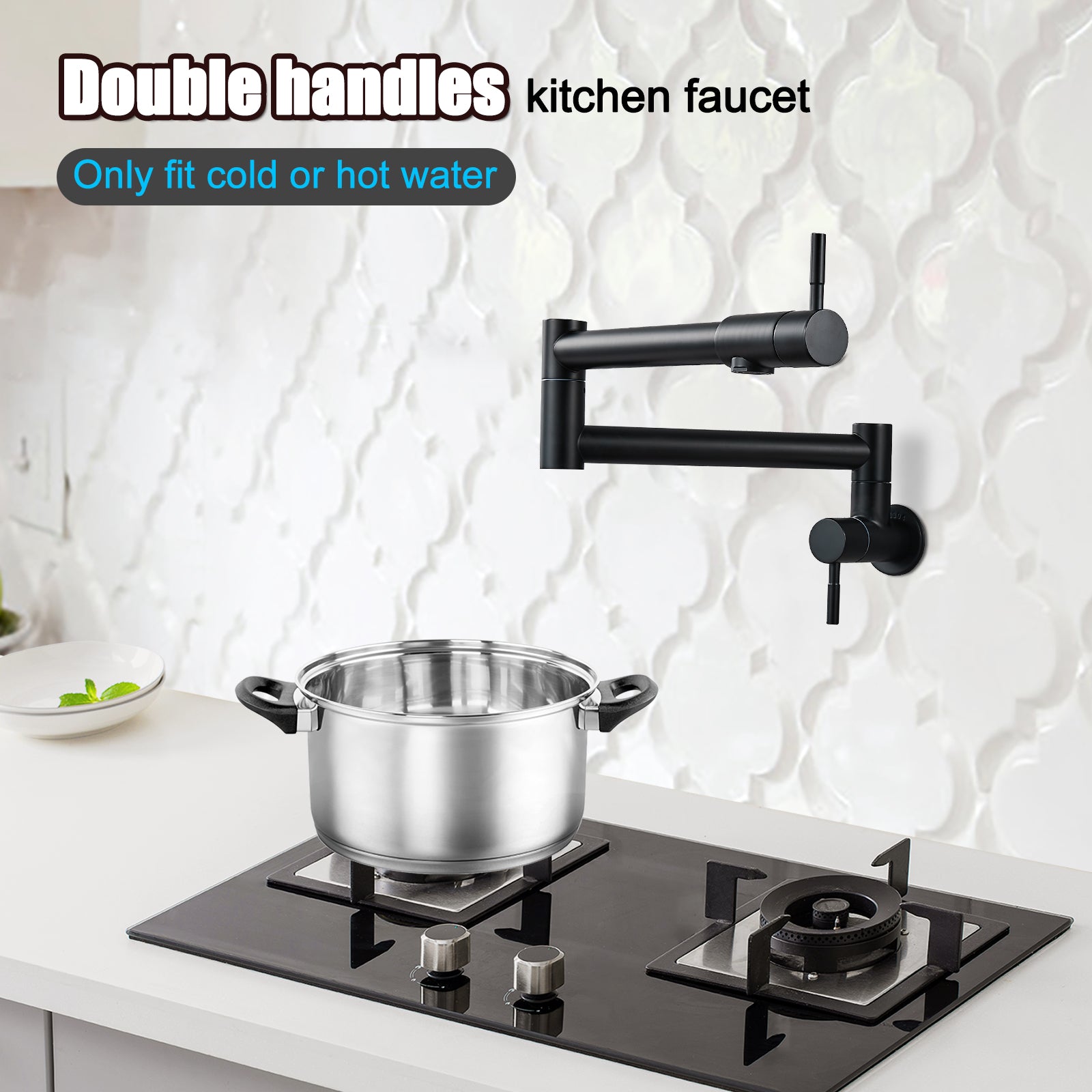 Heyalan Pot Filler 19 Inch Wall Mount Folding Stretchable Kitchen Restaurant Sink Faucet Stainless Steel Potfiller with Double Joint Swing Arm Single Hole Two Handles Commercial NPT