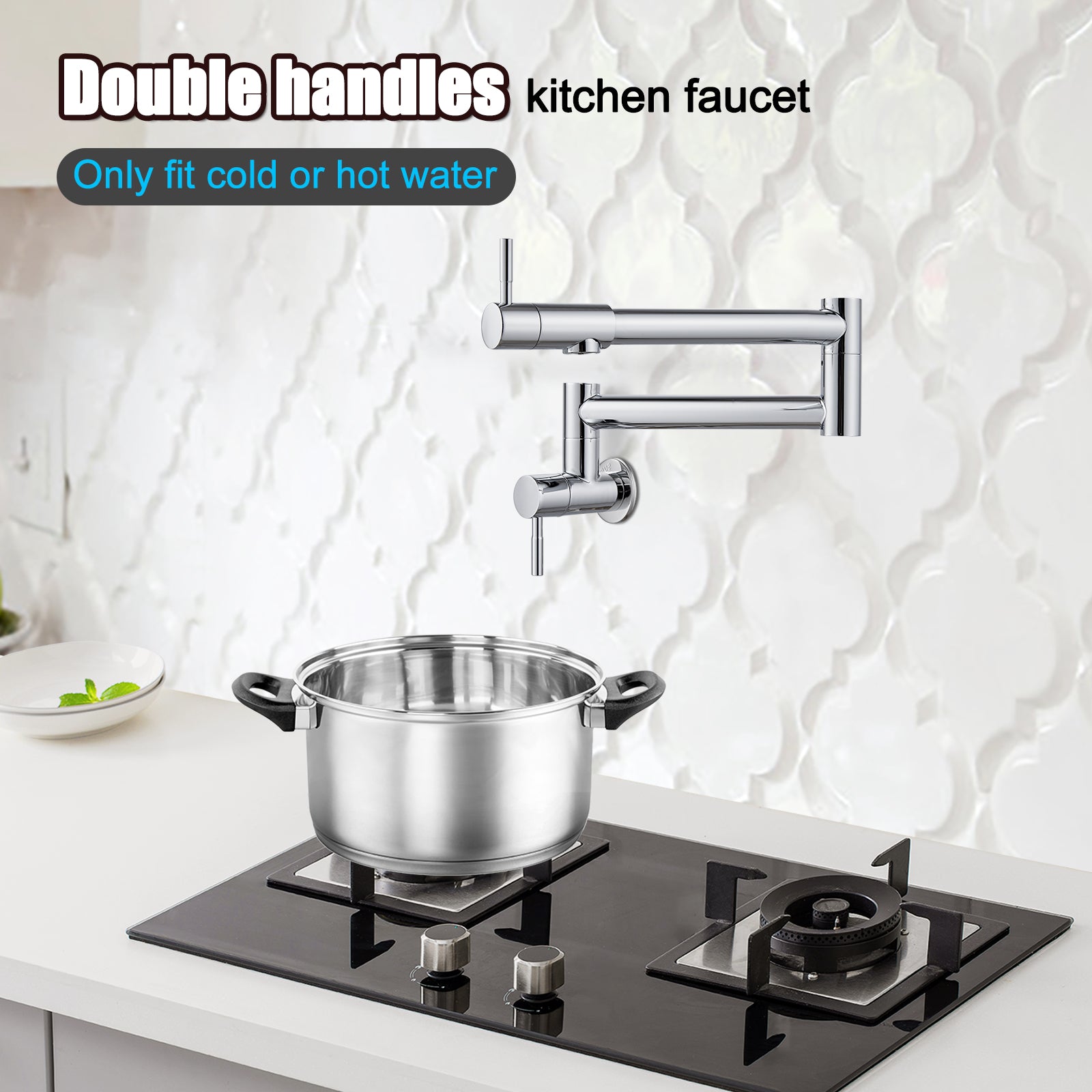 Heyalan Pot Filler 19 Inch Wall Mount Folding Stretchable Kitchen Restaurant Sink Faucet Stainless Steel Potfiller with Double Joint Swing Arm Single Hole Two Handles Commercial NPT