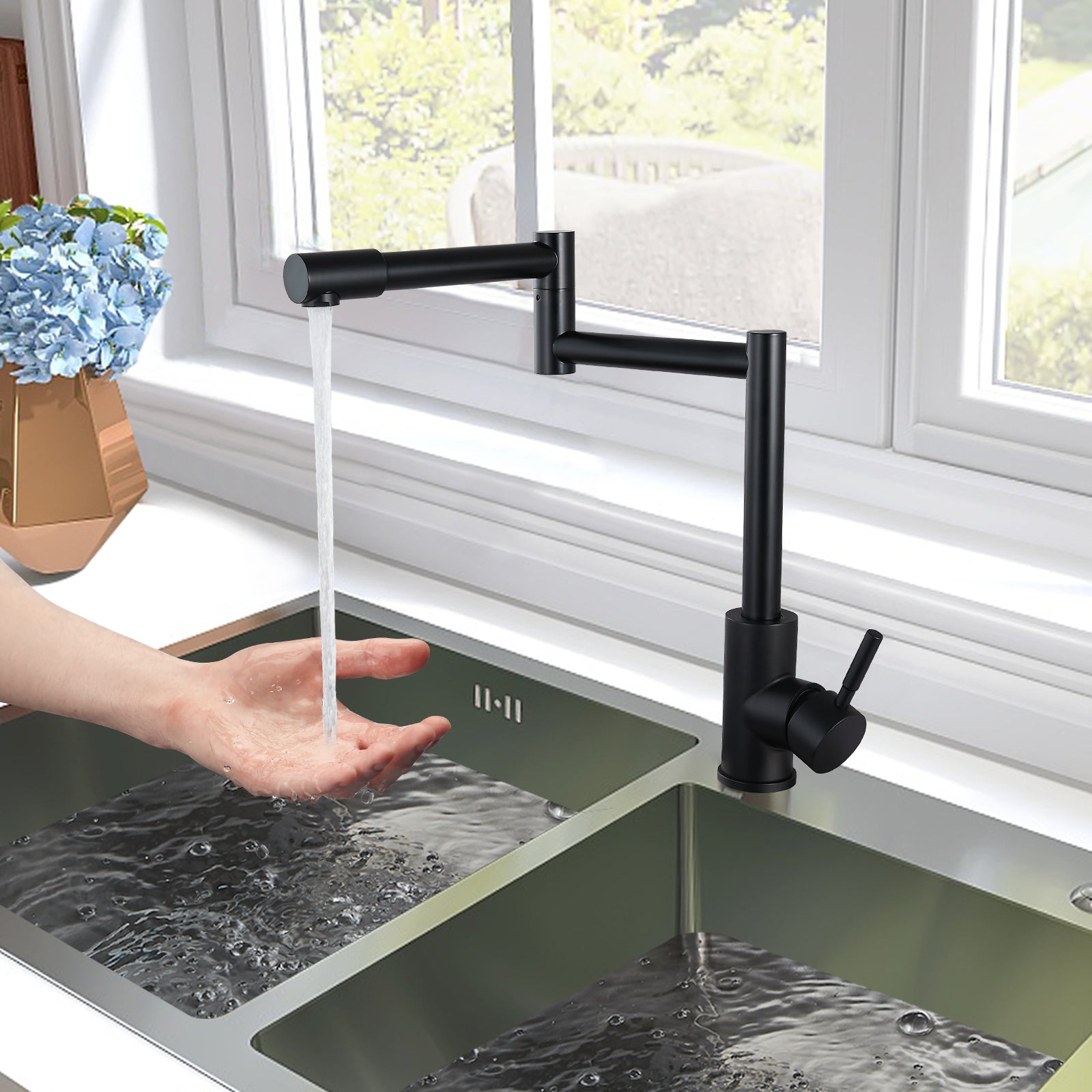 Heyalan  Pot Filler Faucet Deck Mounted Single Handle Double Joints Free Rotating Modern Deck Mounted Countertop Retractable Commercial Kitchen Sink Faucet Stainless Steel