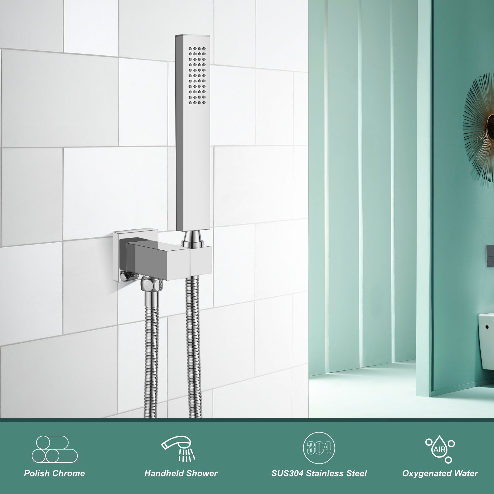 Heyalan Shower Wand SUS304 Stainless Steel Handheld Single Function Handheld Shower High Pressure Luxury Hand Shower Set High Flow Rectangle Straight Hand Shower Spray with Holder