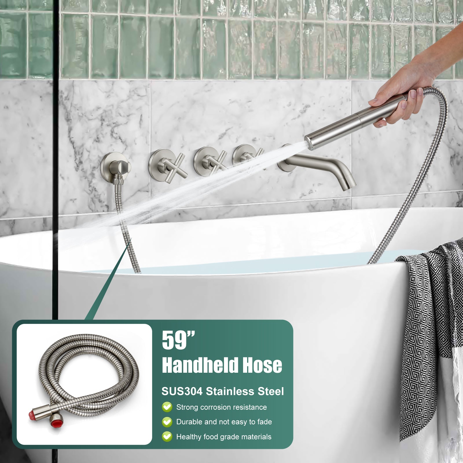 Heyalan Wall Mounted Bathroom Tub Filler Faucet with Handheld Shower Head High Flow Bathtub Spout with 3 Knobs Shower Trim kit Hand Held Sprayer 2 Function Roman Bath Fixtures