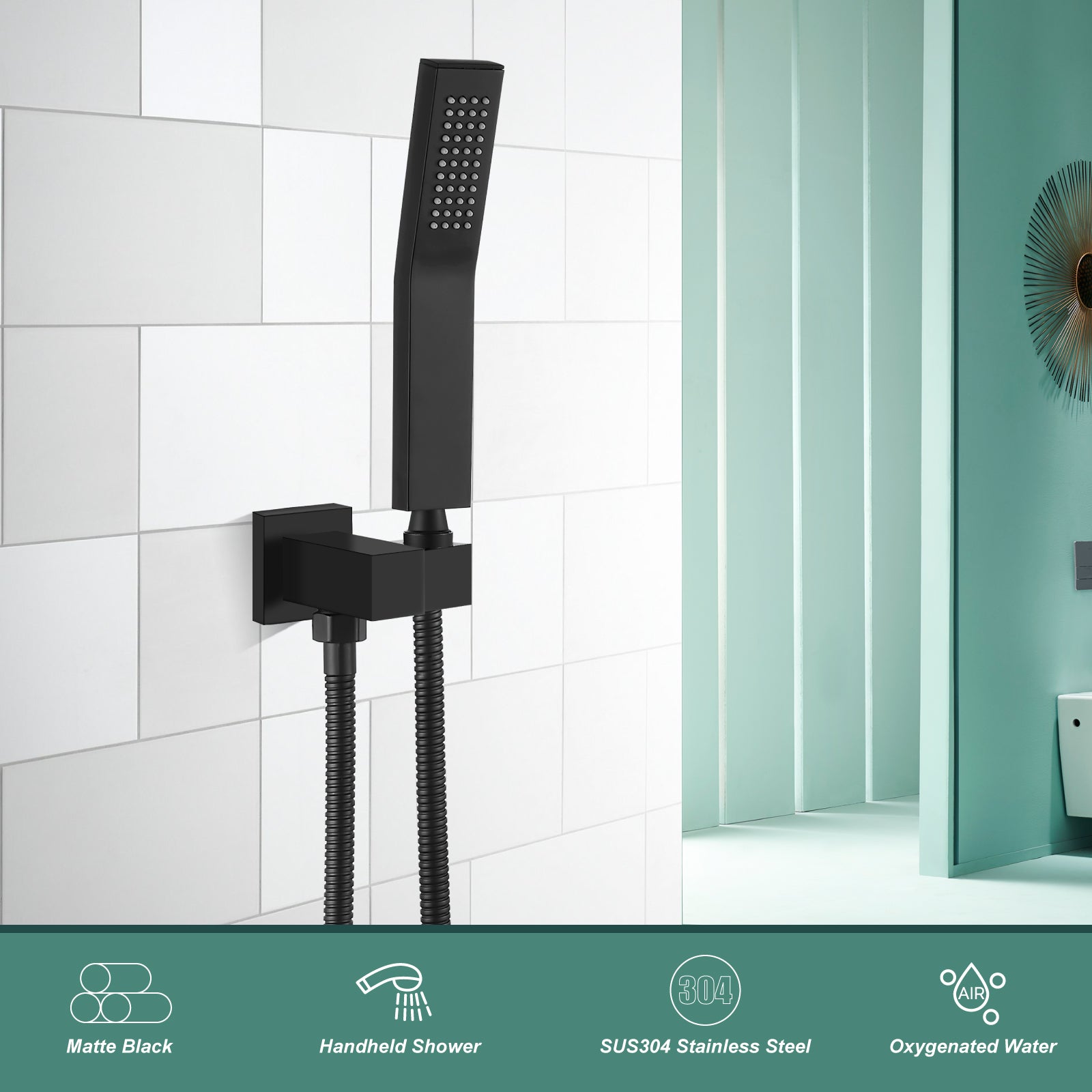 Heyalan Shower Wand SUS304 Stainless Steel Handheld Single Function Handheld Shower High Pressure Luxury Hand Shower Set High Flow Rectangle Curved Hand Shower Spray with Holder