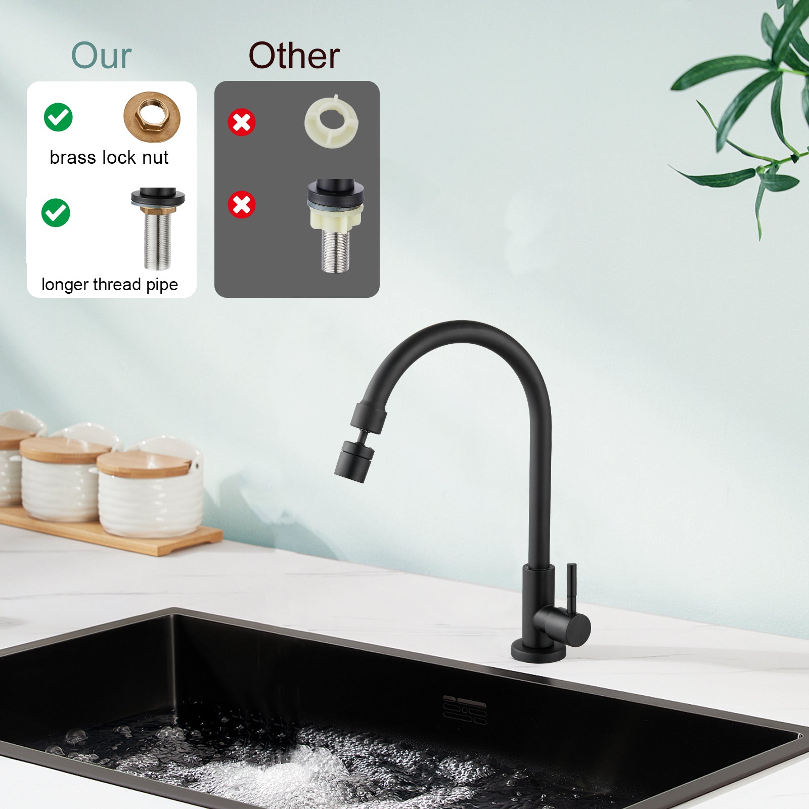 Heyalan Cold Water Only Kitchen Faucet 360 Degree Swivel Spout Matte Black High Arc Sink Tap Brass Faucet Goose Neck