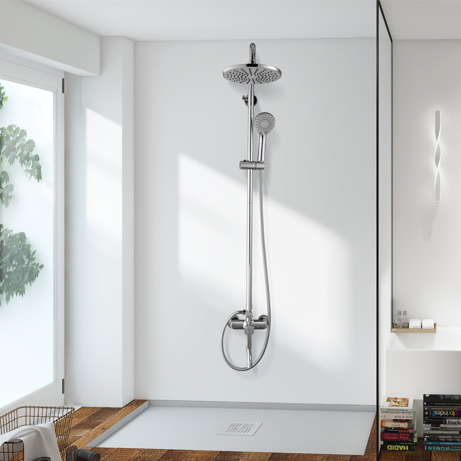 Exposed Shower System Faucet Set Bathroom 8 Inch ABS Single 1 Handle ABS Shower Head Handheld Shower Adjustable Slide Bar Hand Spray Tub Spout Wall Mount Complete Set