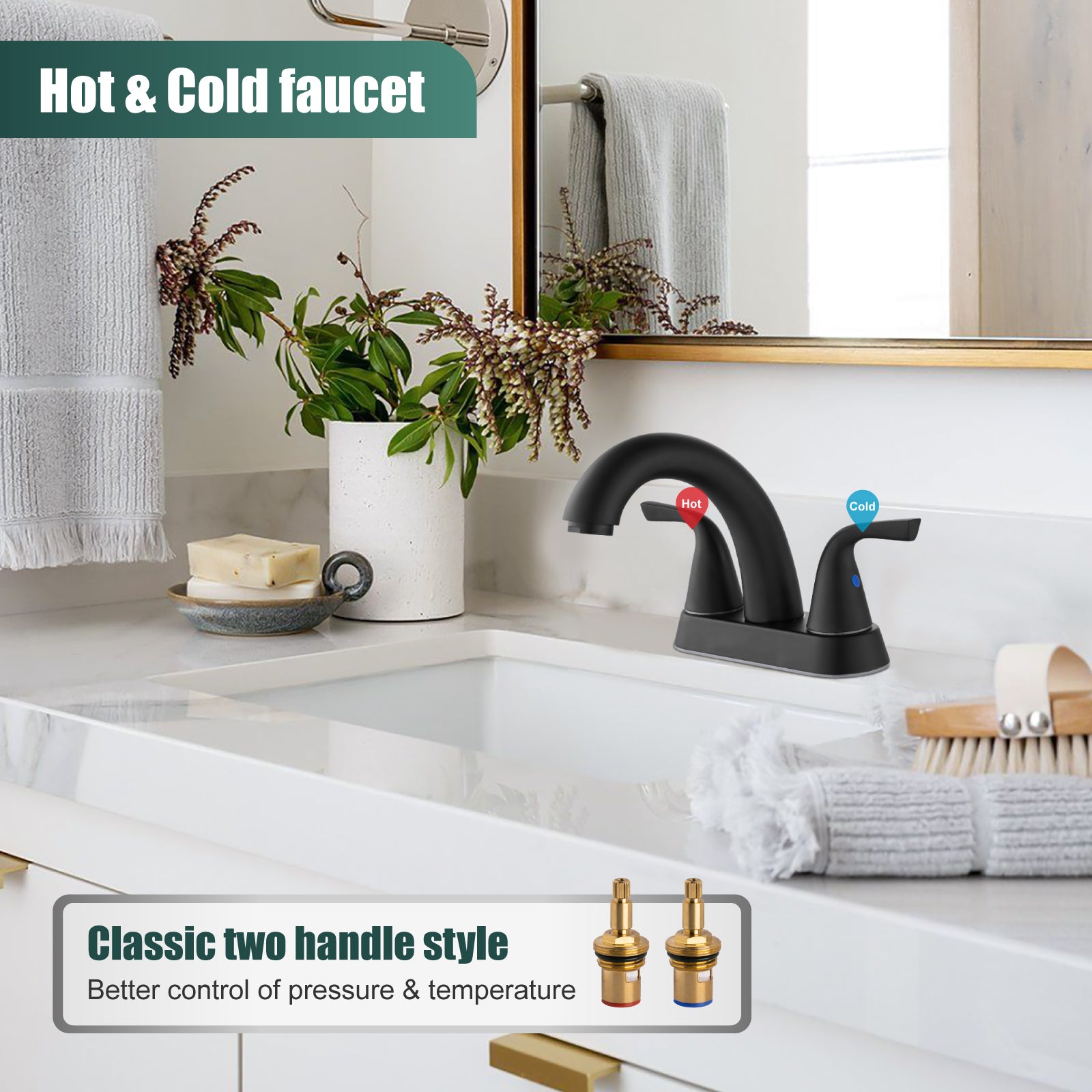 Heyalan Swivel Spout 2 Handle Lever Lavatory Bathroom Vessel Sink Faucet 4-Inch Centerset Deck Mount Mixer Tap with Pop-up Drain and Faucet Supply Lines
