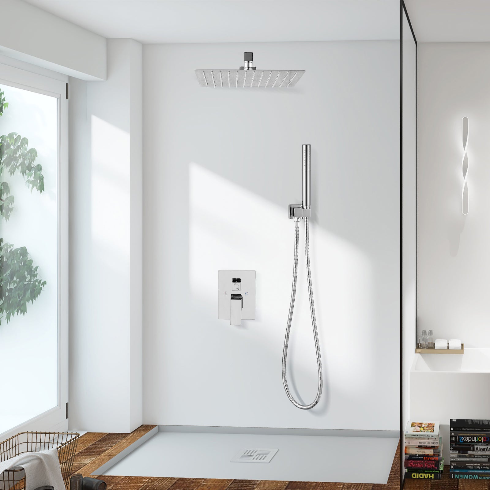 Heyalan Shower System Square Rain Shower System Head Shower Faucet Fixture 2 in 1 Handheld Shower Sprayer Rough in Valve Wall Mount Bathroom Rainfall Combo Set High Pressure