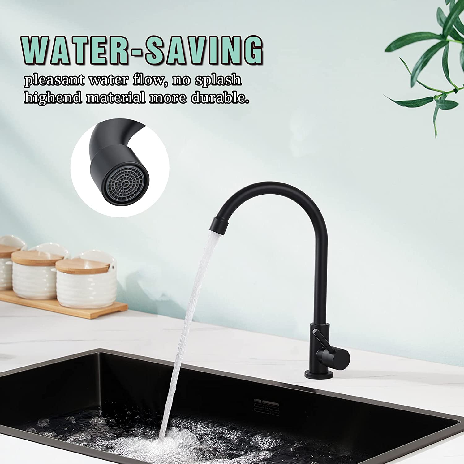 Kitchen Faucet Cold Water Only 1 Hole Single Handle 360 Degree Swivel Spout Deck Mount High Arc SUS304 Sink Bar Tap Goose Neck with Hose and Longer Thread Pipe