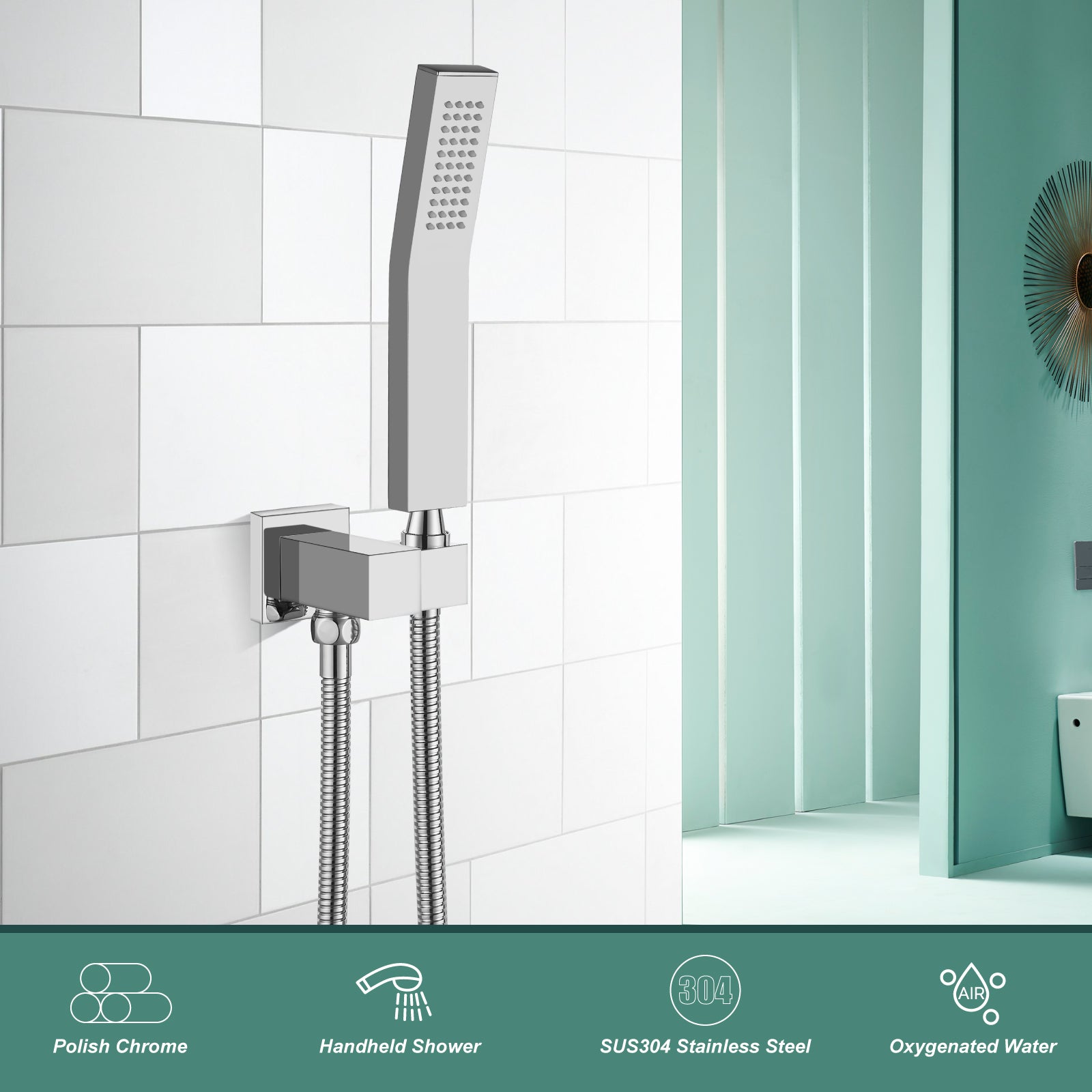 Heyalan Shower Wand SUS304 Stainless Steel Handheld Single Function Handheld Shower High Pressure Luxury Hand Shower Set High Flow Rectangle Curved Hand Shower Spray with Holder