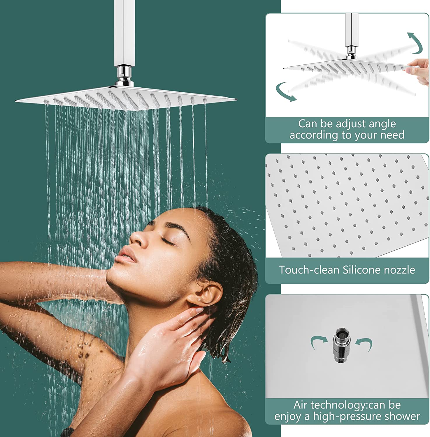 Heyalan Shower Trim Kit Ceiling Mount 10” Square SUS304 Bathroom Rainfall Shower Head and One Handle System 1 Function Mixer Shower Faucet Set with Rough-in Valve Male Thread