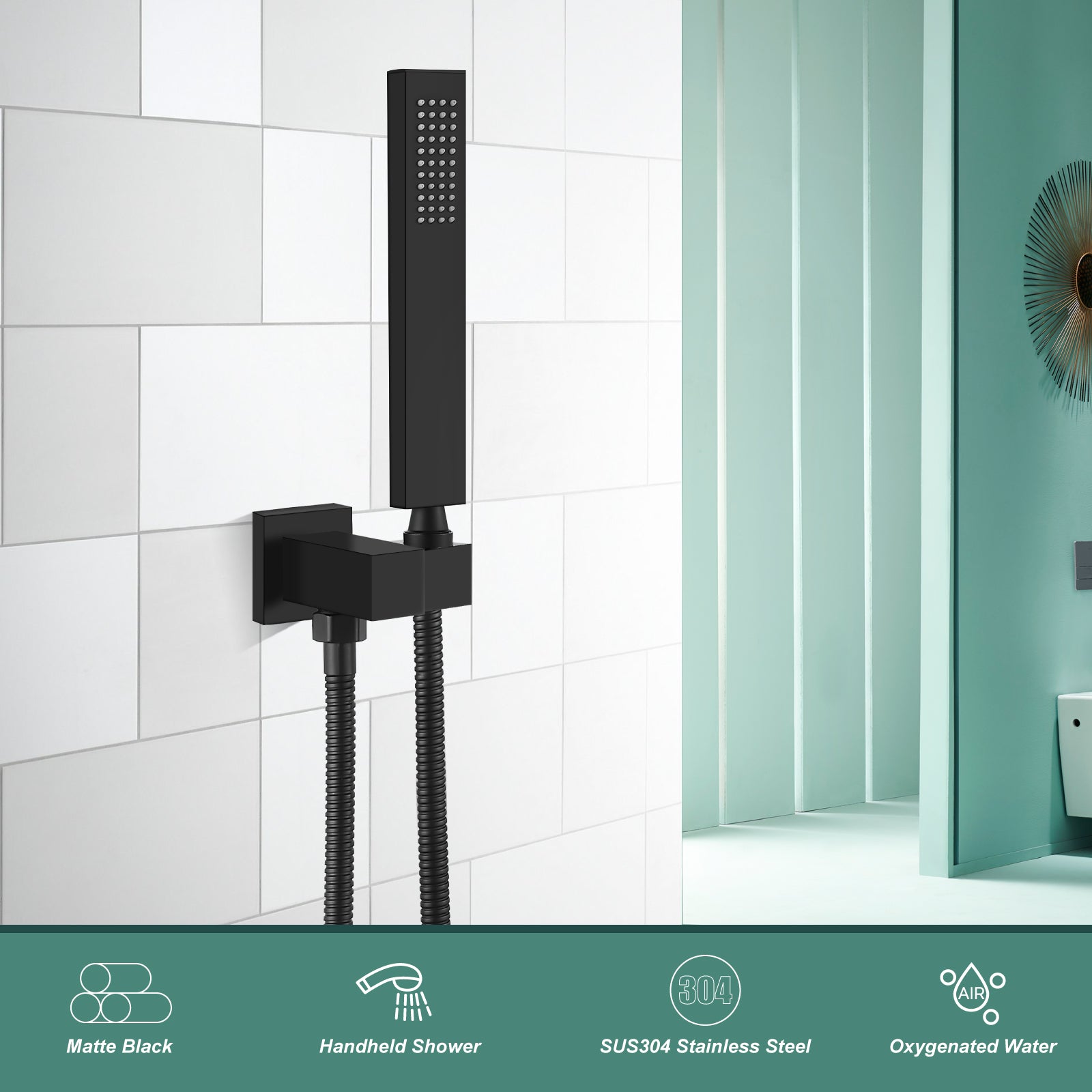 Heyalan Shower Wand SUS304 Stainless Steel Handheld Single Function Handheld Shower High Pressure Luxury Hand Shower Set High Flow Rectangle Straight Hand Shower Spray with Holder