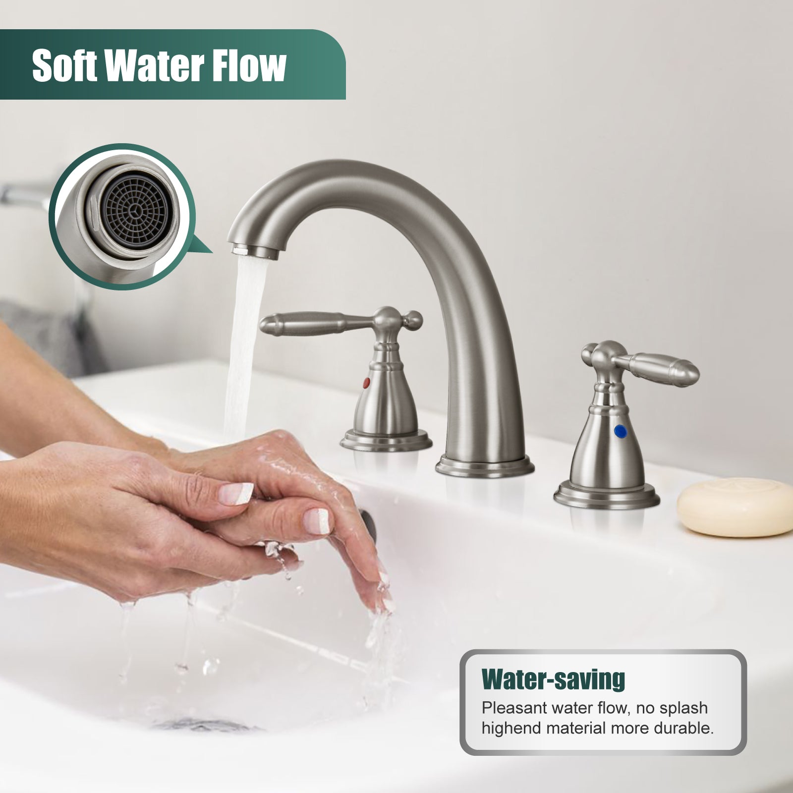2 Handles SUS304 Stainless Steel 8-16 Inch Bathroom Basin Faucet with Pop Up Drain Deck Mount Divided Three Holes Toilet Sink Mixer Tap Simple Cabinet Grips Heyalan Mixer Faucet