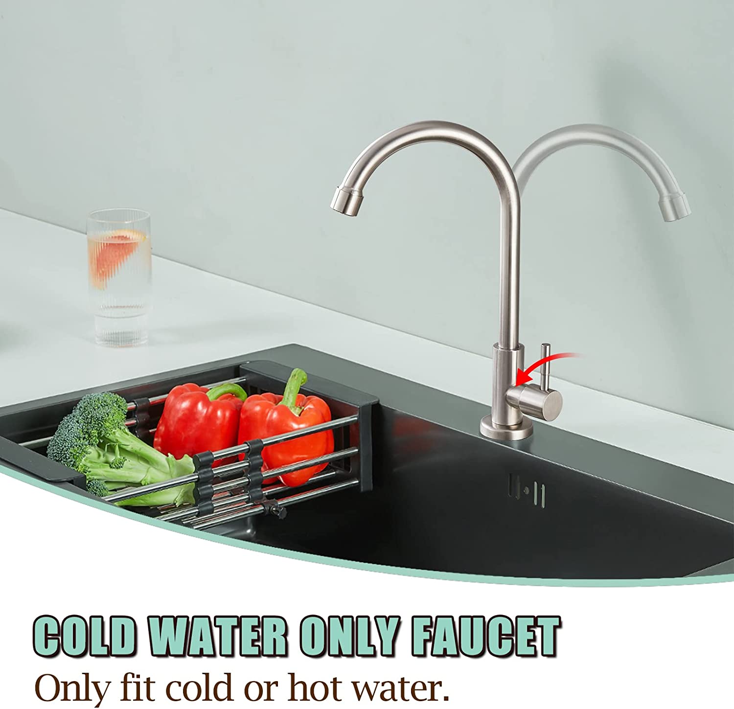 Kitchen Faucet Cold Water Only 1 Hole Single Handle 360 Degree Swivel Spout Deck Mount High Arc SUS304 Sink Bar Tap Goose Neck with Hose and Longer Thread Pipe