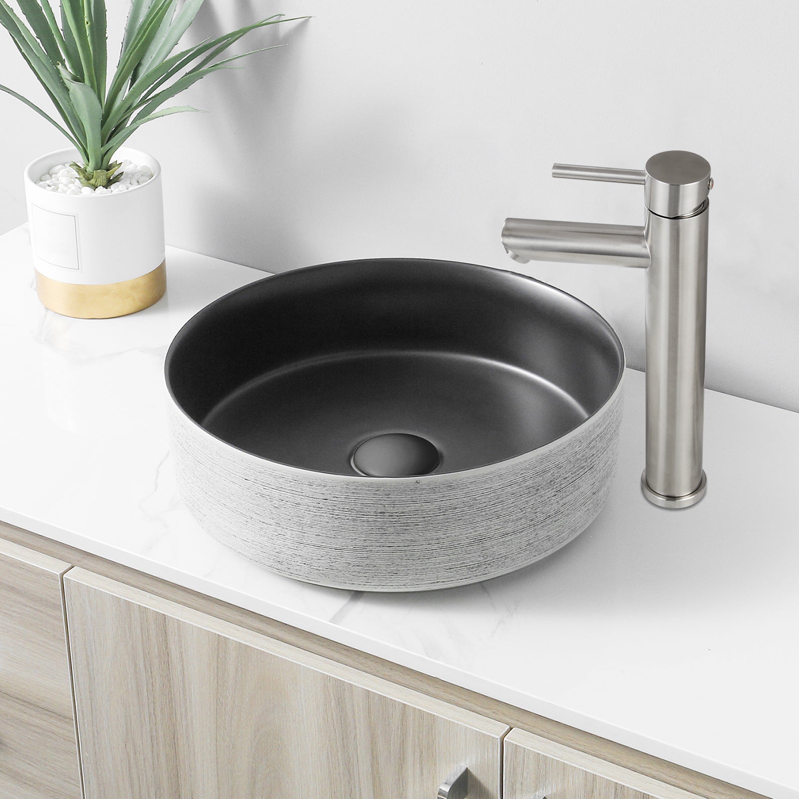 Heyalan Bathroom Sink Faucet Stainless Steel SUS304 Brushed Nickel Single Handle 1 Hole Hot and Cold Water Deck Mount Lavatory Faucet Kitchen Tap with Pop Up Drain