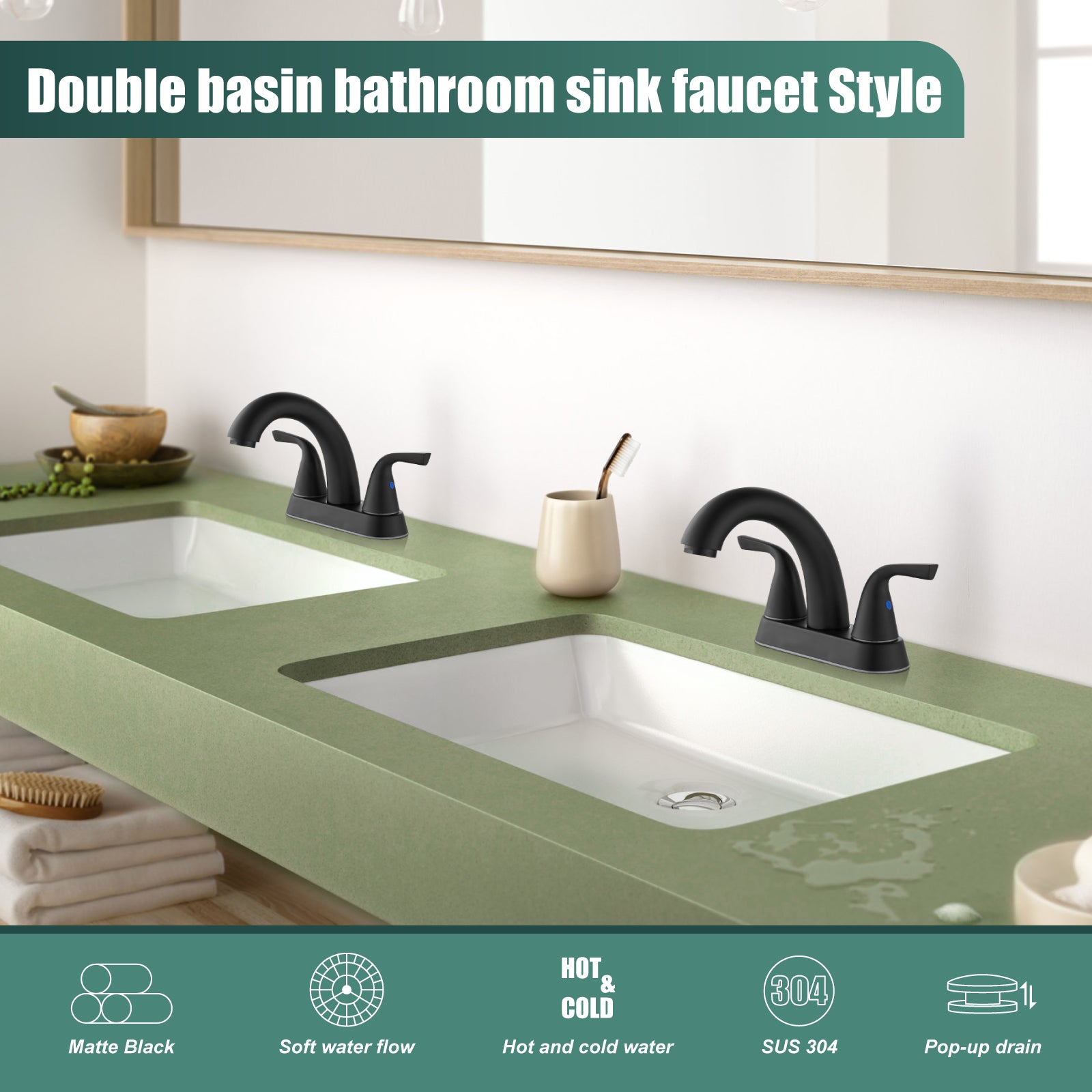 Heyalan Swivel Spout 2 Handle Lever Lavatory Bathroom Vessel Sink Faucet 4-Inch Centerset Deck Mount Mixer Tap with Pop-up Drain and Faucet Supply Lines