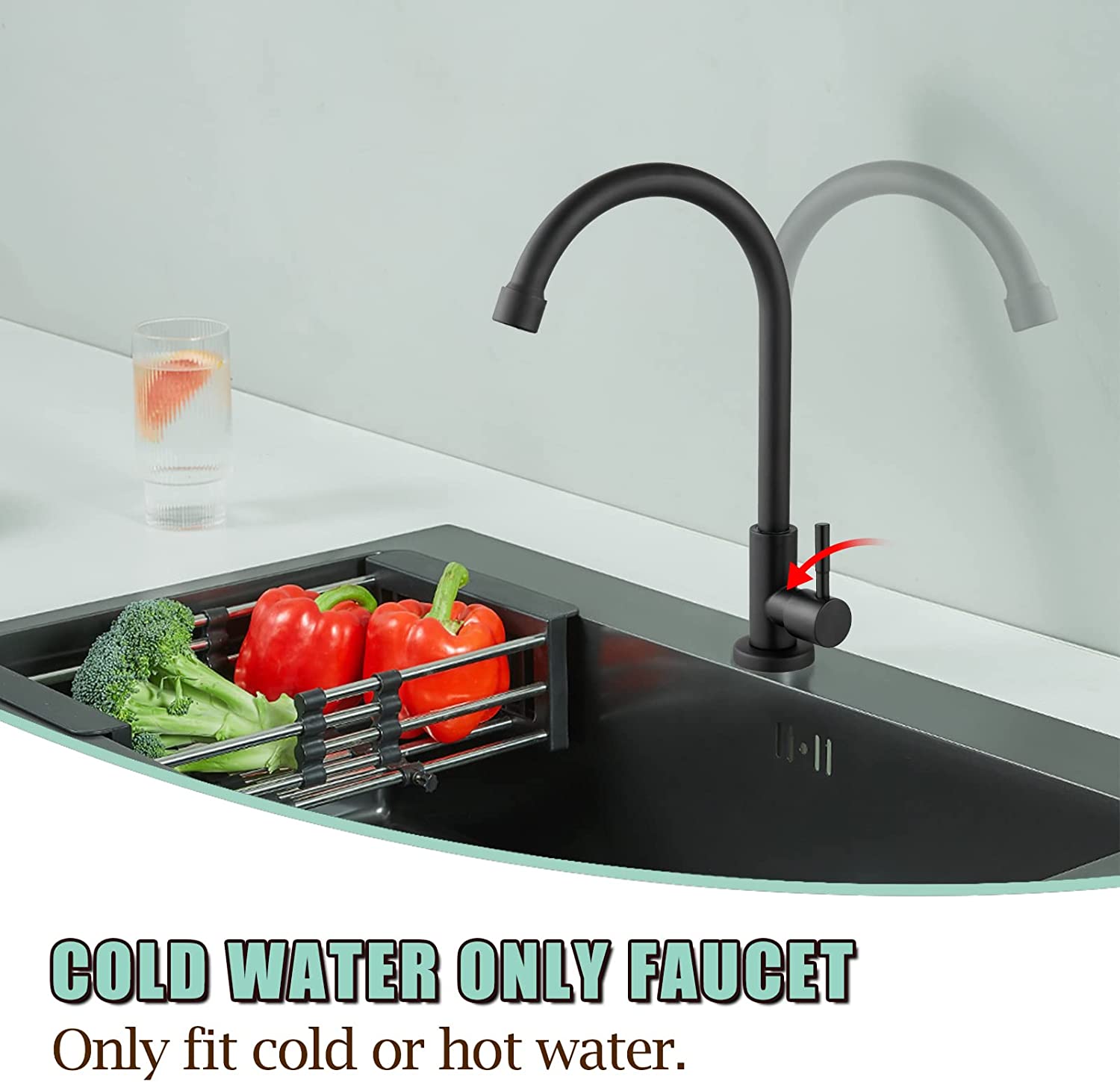 Kitchen Faucet Cold Water Only 1 Hole Single Handle 360 Degree Swivel Spout Deck Mount High Arc SUS304 Sink Bar Tap Goose Neck with Hose and Longer Thread Pipe