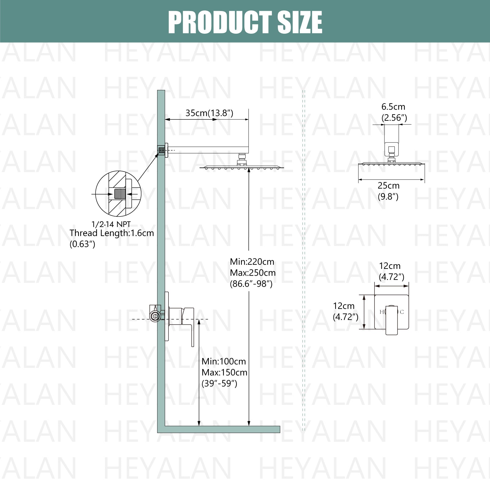 Heyalan Shower Trim Kit Wall Mounted 10 Inch Square SUS304 Rainfall Shower Head and One Handle System 1 Function Mixer Shower Faucet Set with Rough-in Valve Male Thread