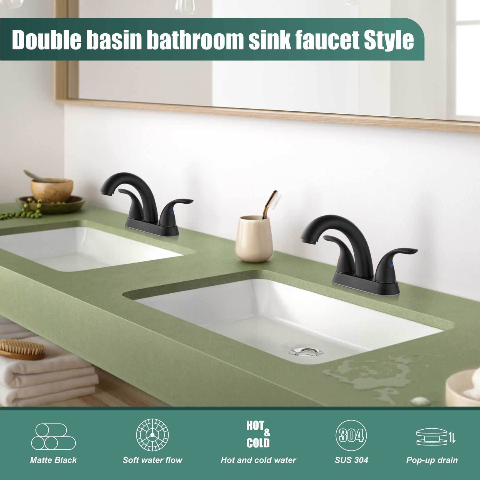 Heyalan Swivel Spout 2 Handle Lever Lavatory Bathroom Vessel Sink Faucet 4-Inch Centerset Deck Mount Mixer Tap with Pop-up Drain Stainless Steel