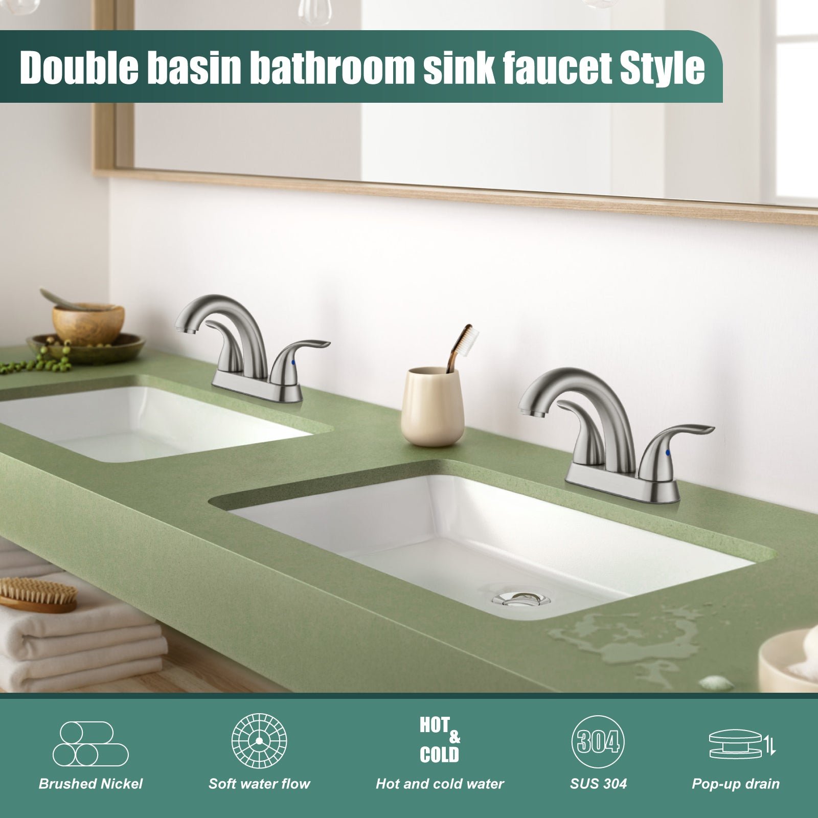 Heyalan Swivel Spout 2 Handle Lever Lavatory Bathroom Vessel Sink Faucet 4-Inch Centerset Deck Mount Mixer Tap with Pop-up Drain Stainless Steel
