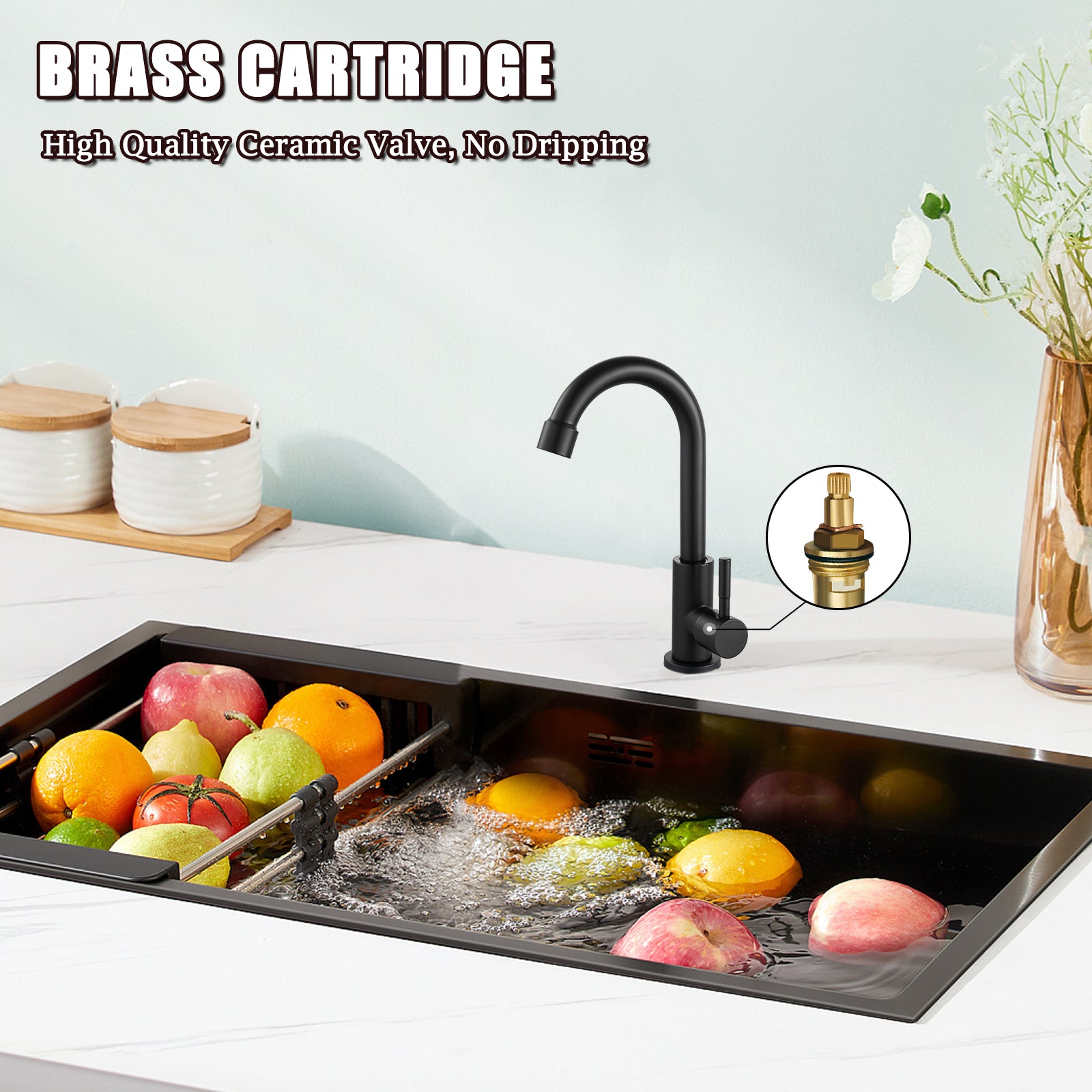 Cold Water Only Kitchen Faucet Single Handle 1 Hole Deck Mount 360 Degree Swivel Spout High Arc SUS304 Stainless Steel Sink Bar Tap Goose Neck with Hose(Drain Not Included)