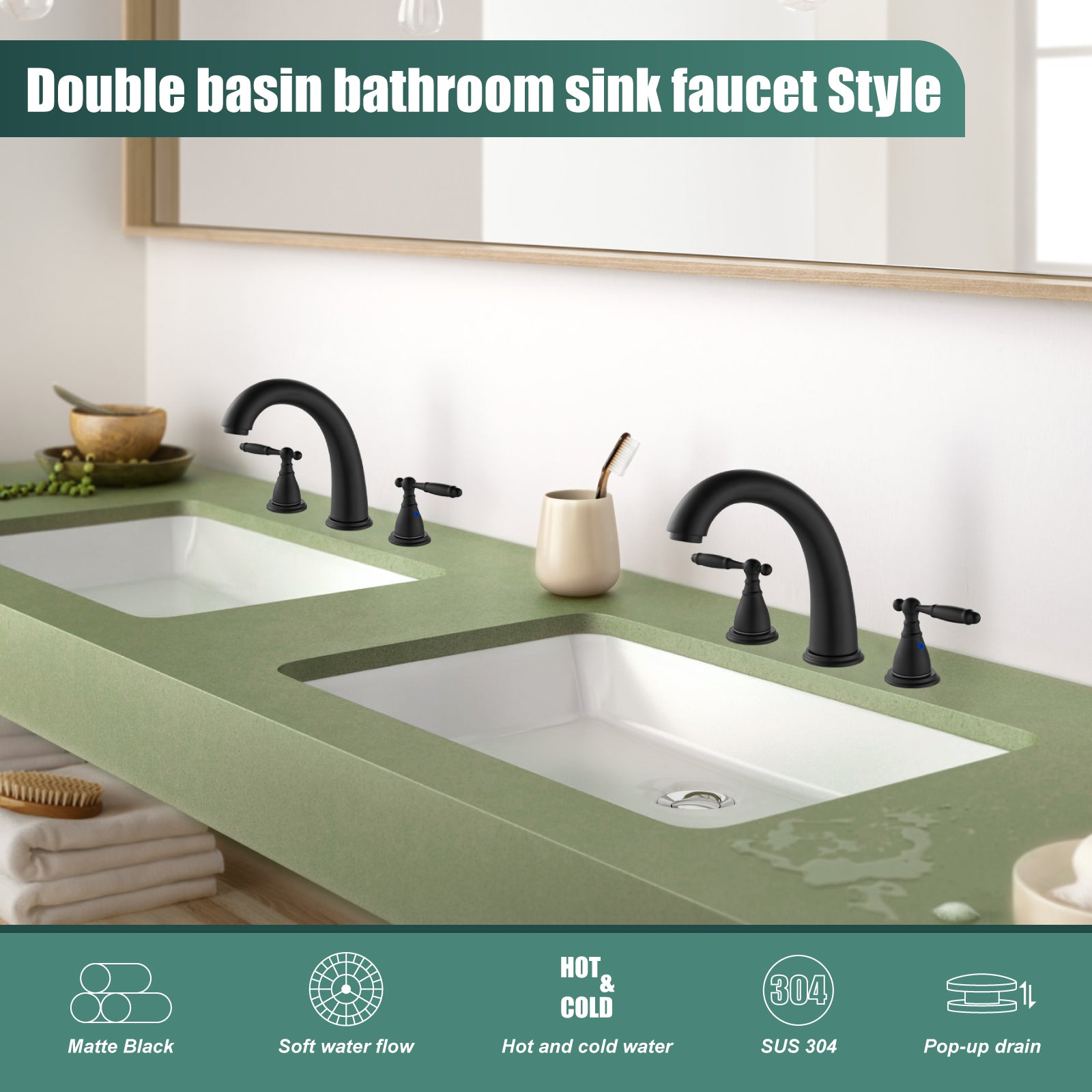 2 Handles SUS304 Stainless Steel 8-16 Inch Bathroom Basin Faucet with Pop Up Drain Deck Mount Divided Three Holes Toilet Sink Mixer Tap Simple Cabinet Grips Heyalan Mixer Faucet