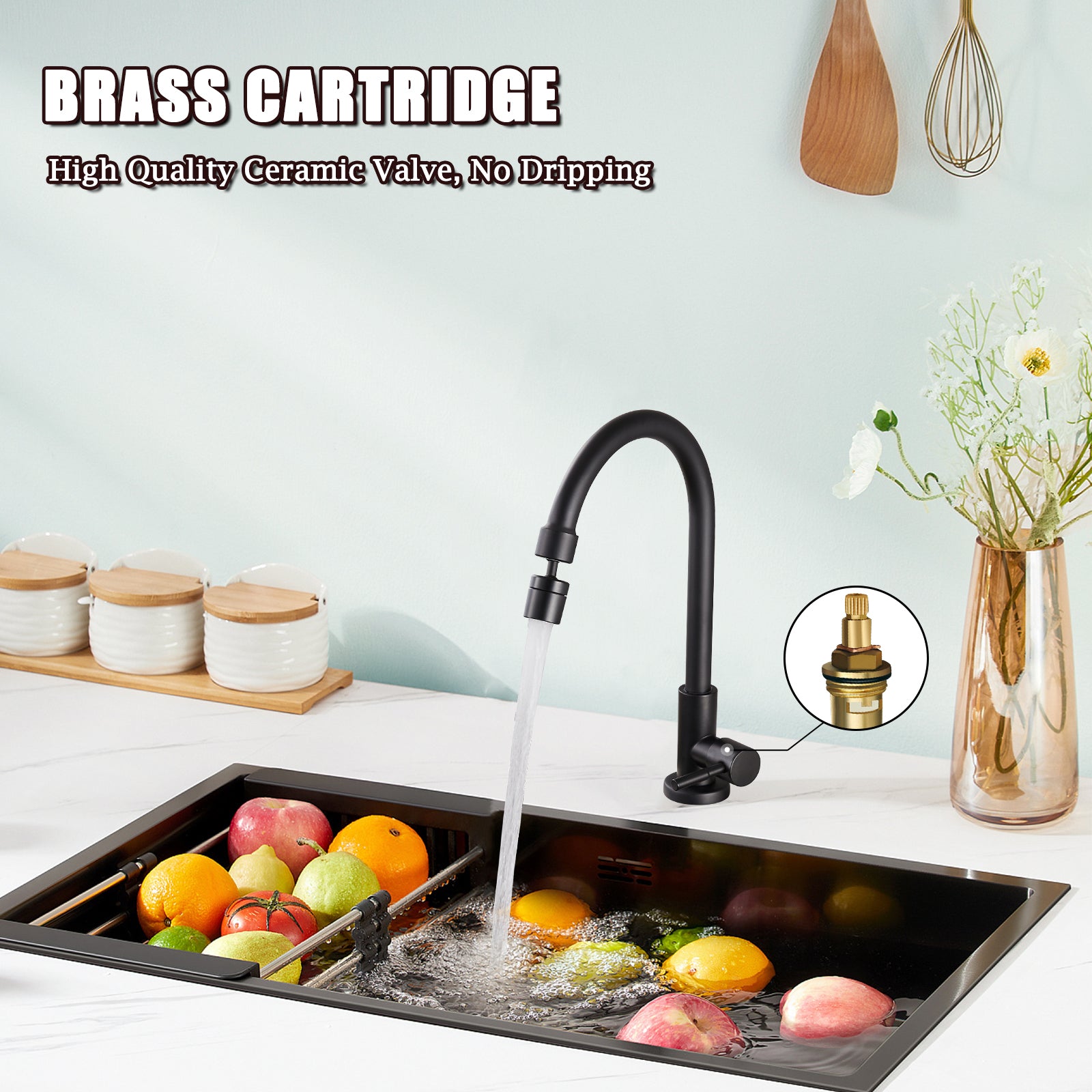 Heyalan Cold Water Only Kitchen Faucet 360 Degree Swivel Spout Matte Black High Arc Sink Tap Brass Faucet Goose Neck