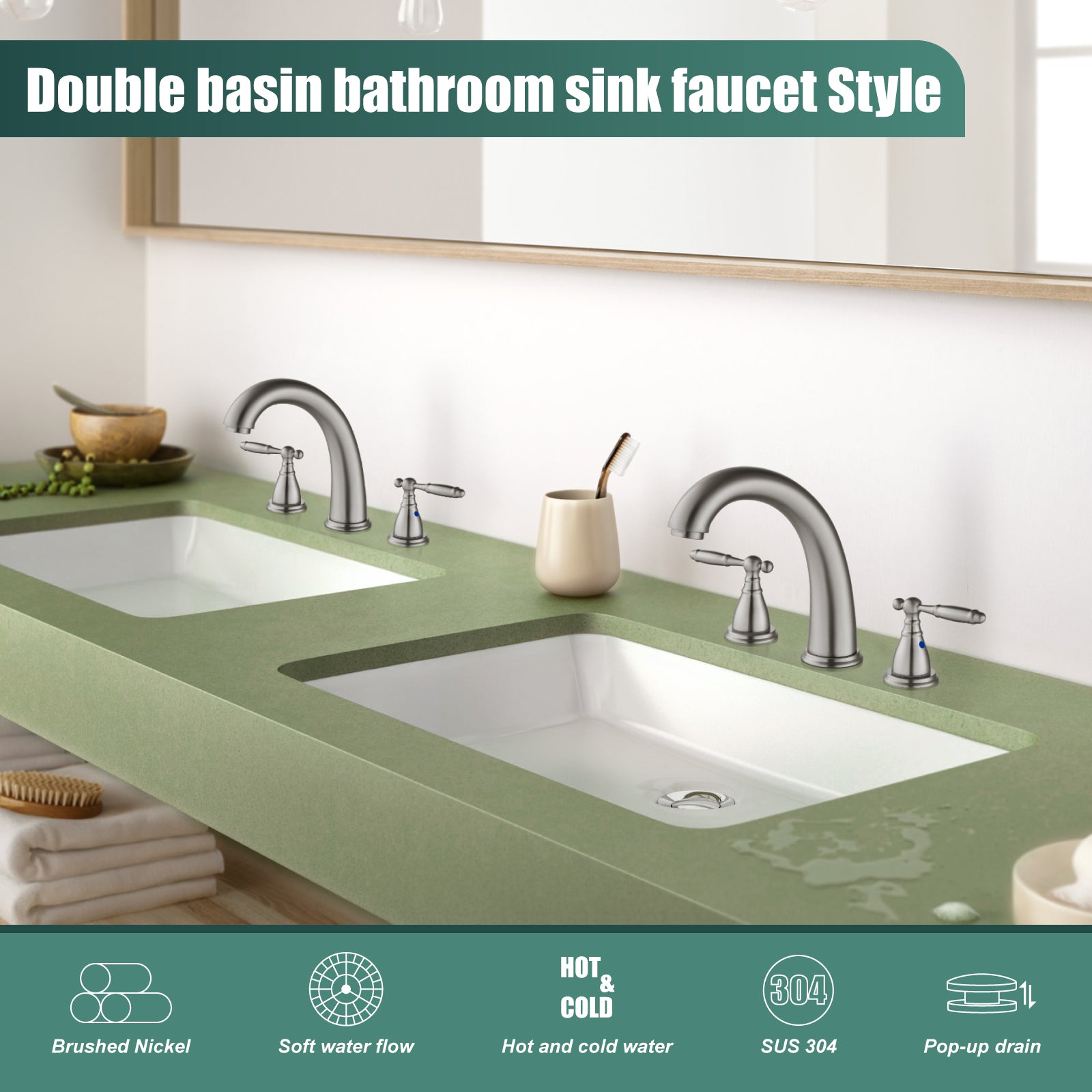 2 Handles SUS304 Stainless Steel 8-16 Inch Bathroom Basin Faucet with Pop Up Drain Deck Mount Divided Three Holes Toilet Sink Mixer Tap Simple Cabinet Grips Heyalan Mixer Faucet