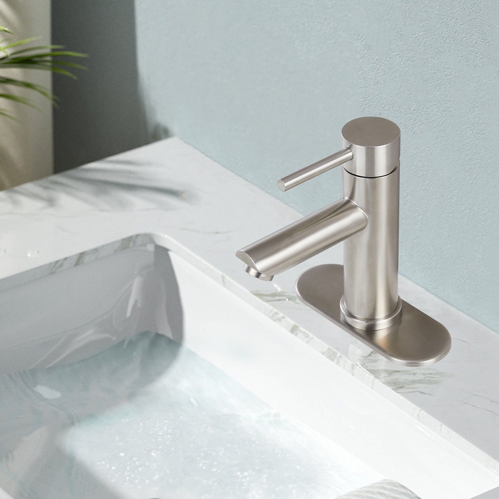 Heyalan Bathroom Sink Faucet Stainless Steel SUS304 Brushed Nickel Single Handle 1 Hole Hot and Cold Water Deck Mount Lavatory Faucet Kitchen Tap with Pop Up Drain