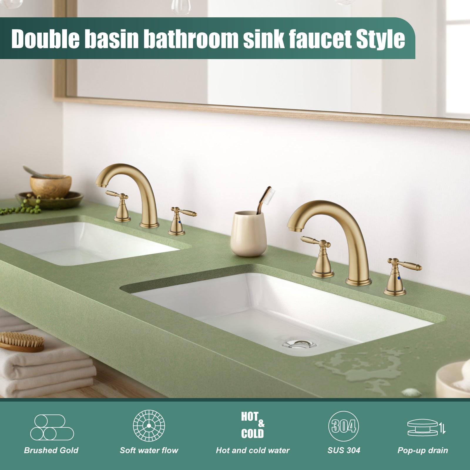 2 Handles SUS304 Stainless Steel 8-16 Inch Bathroom Basin Faucet with Pop Up Drain Deck Mount Divided Three Holes Toilet Sink Mixer Tap Simple Cabinet Grips Heyalan Mixer Faucet