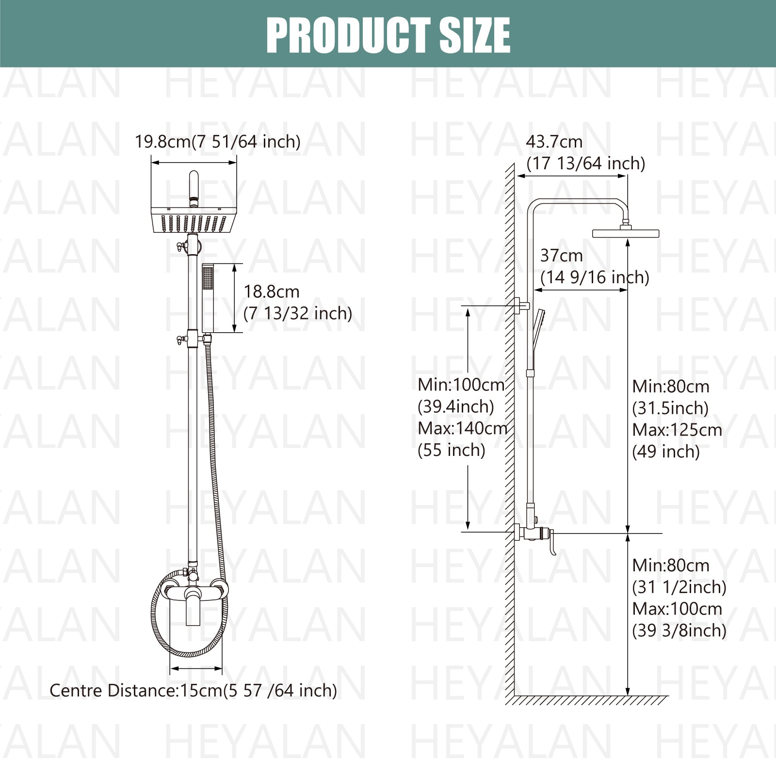 Exposed Shower System Dual Function Bathroom Shower Faucet 8 Inch Square Swivel Rainfall Shower Head with Handheld Adjustable Complete Set Wall Mount