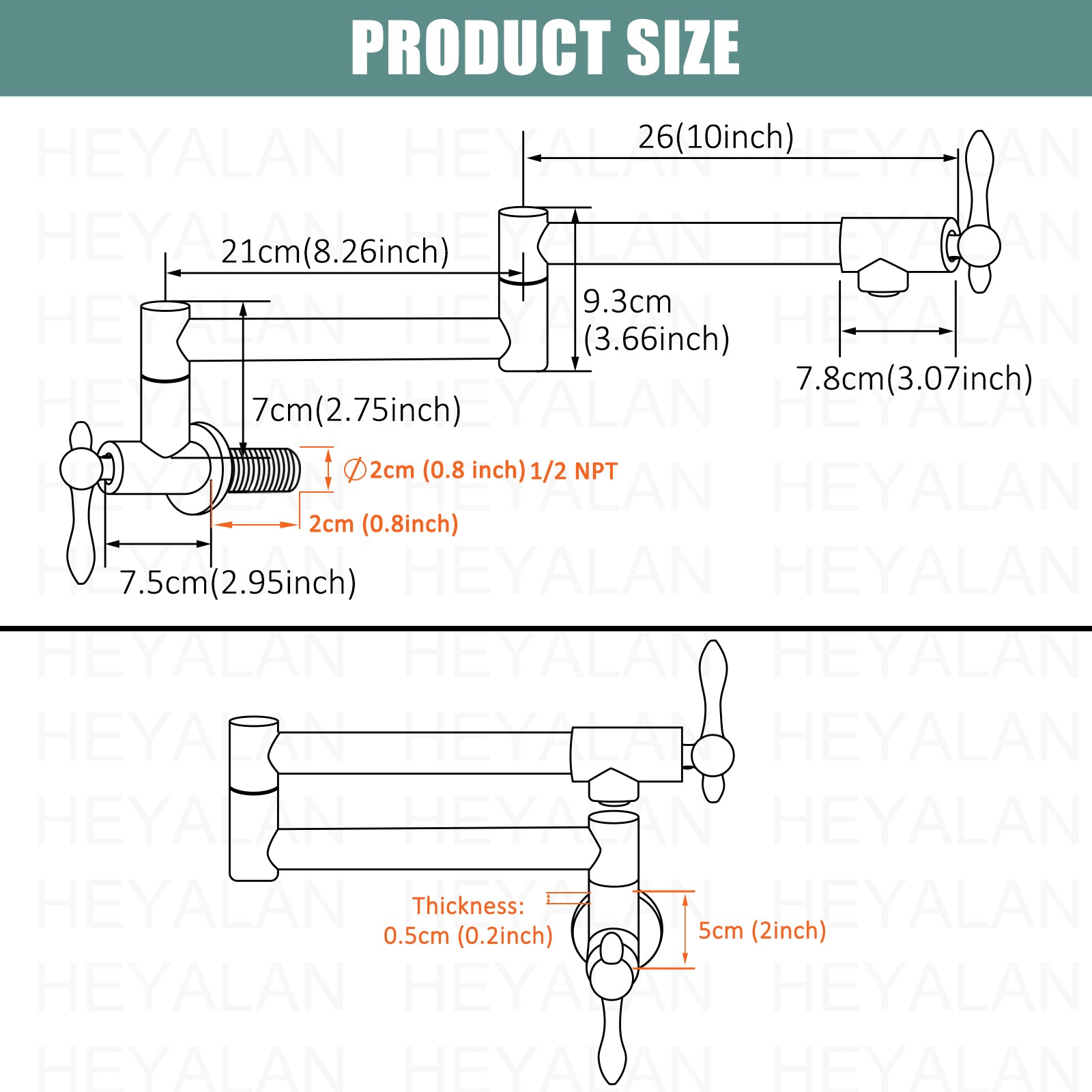 Heyalan Stainless Steel SUS304 19" Pot Filler Faucet Double Joint Spout Stretchable Swing Arm with Single Hole Two Handles Wall Mounted Commercial Kitchen Sink Faucet