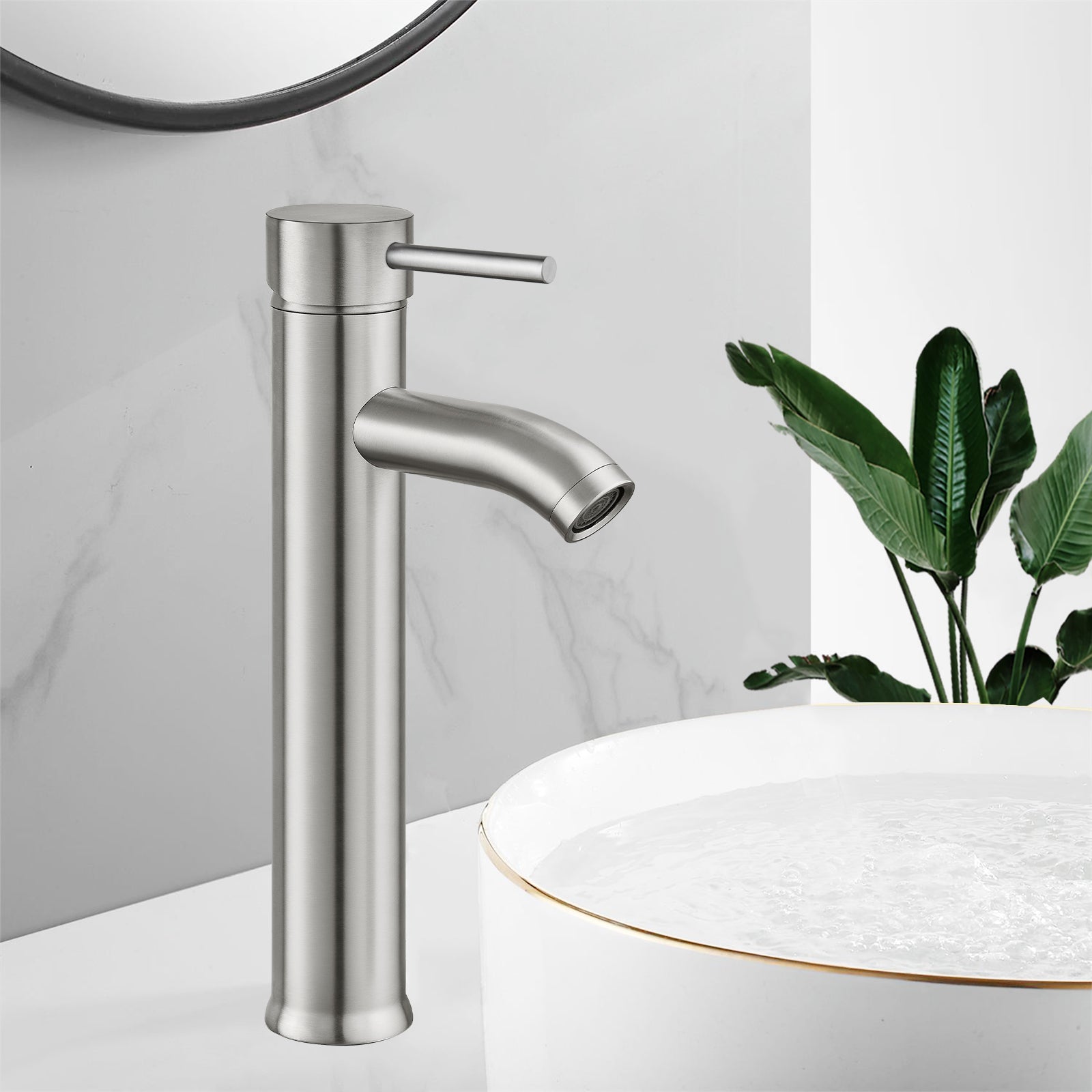 Heyalan Bathroom Faucet Vessel Sink Deck Mount SUS304 Stainless Steel Bowl Basin One Hole Single Handle Tall Spout Mixer Tap with Pop Up Drain