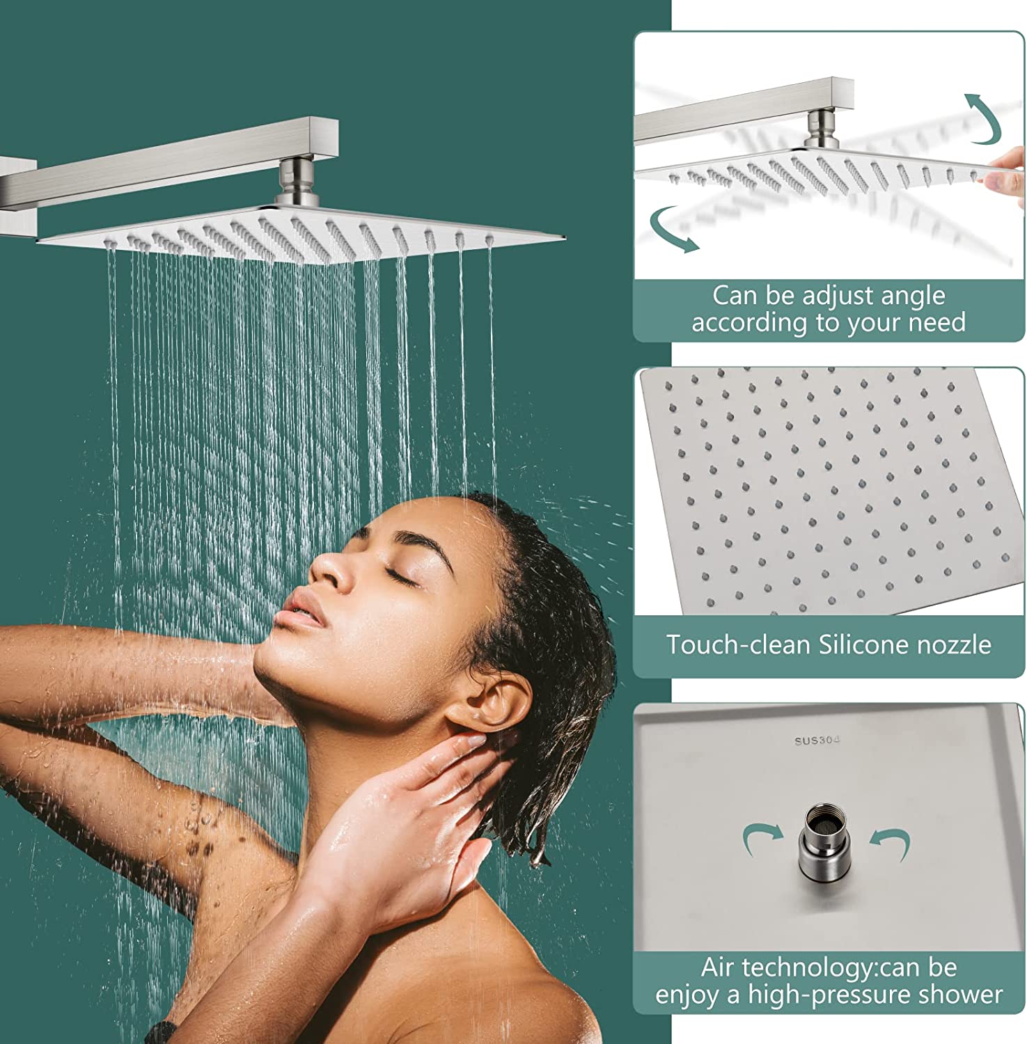 Heyalan Shower System Square Rain Shower System Head Shower Faucet Fixture 2 in 1 Handheld Shower Sprayer Rough in Valve Wall Mount Bathroom Rainfall Combo Set High Pressure
